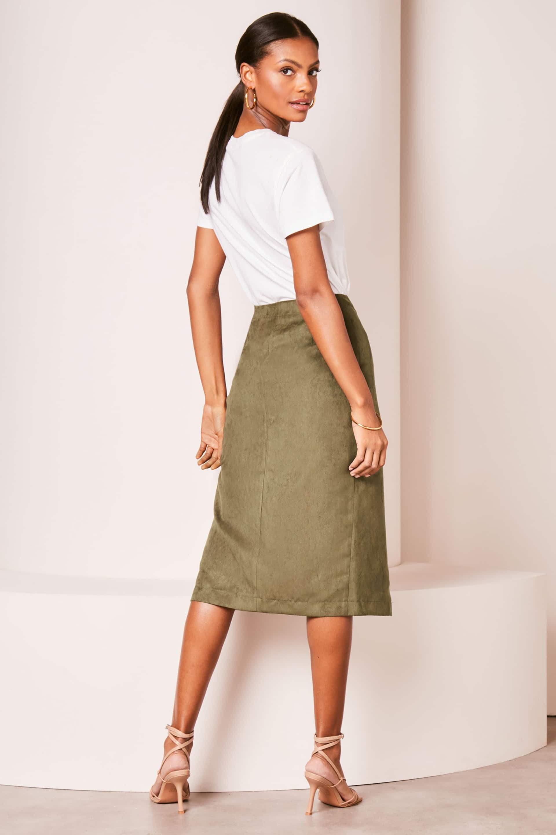 Lipsy Khaki Green Suedette Wrap Midi Skirt - Image 2 of 4