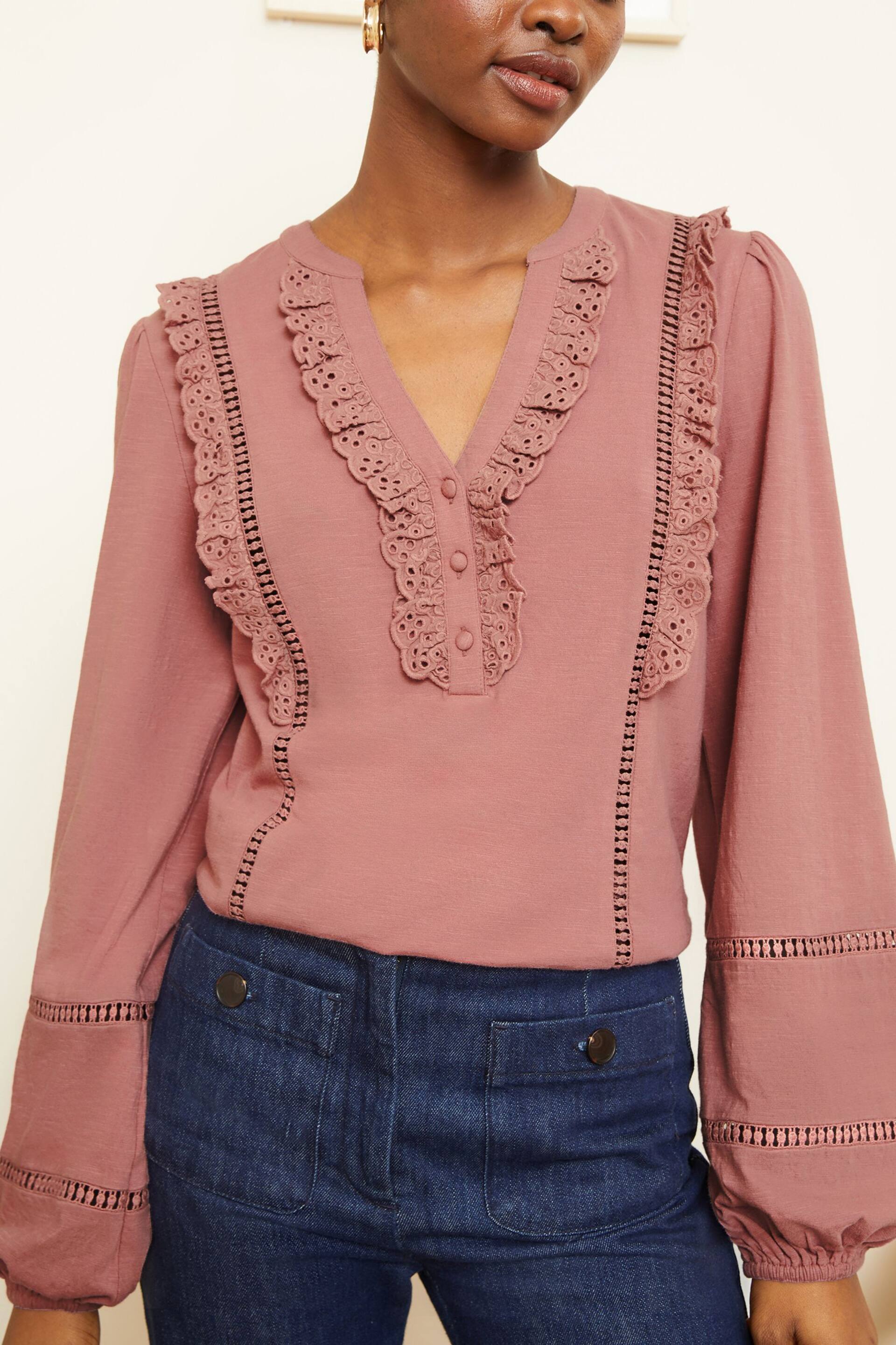 Love & Roses Pink Broderie Trim Lace insert V Neck Jersey Top - Image 2 of 4
