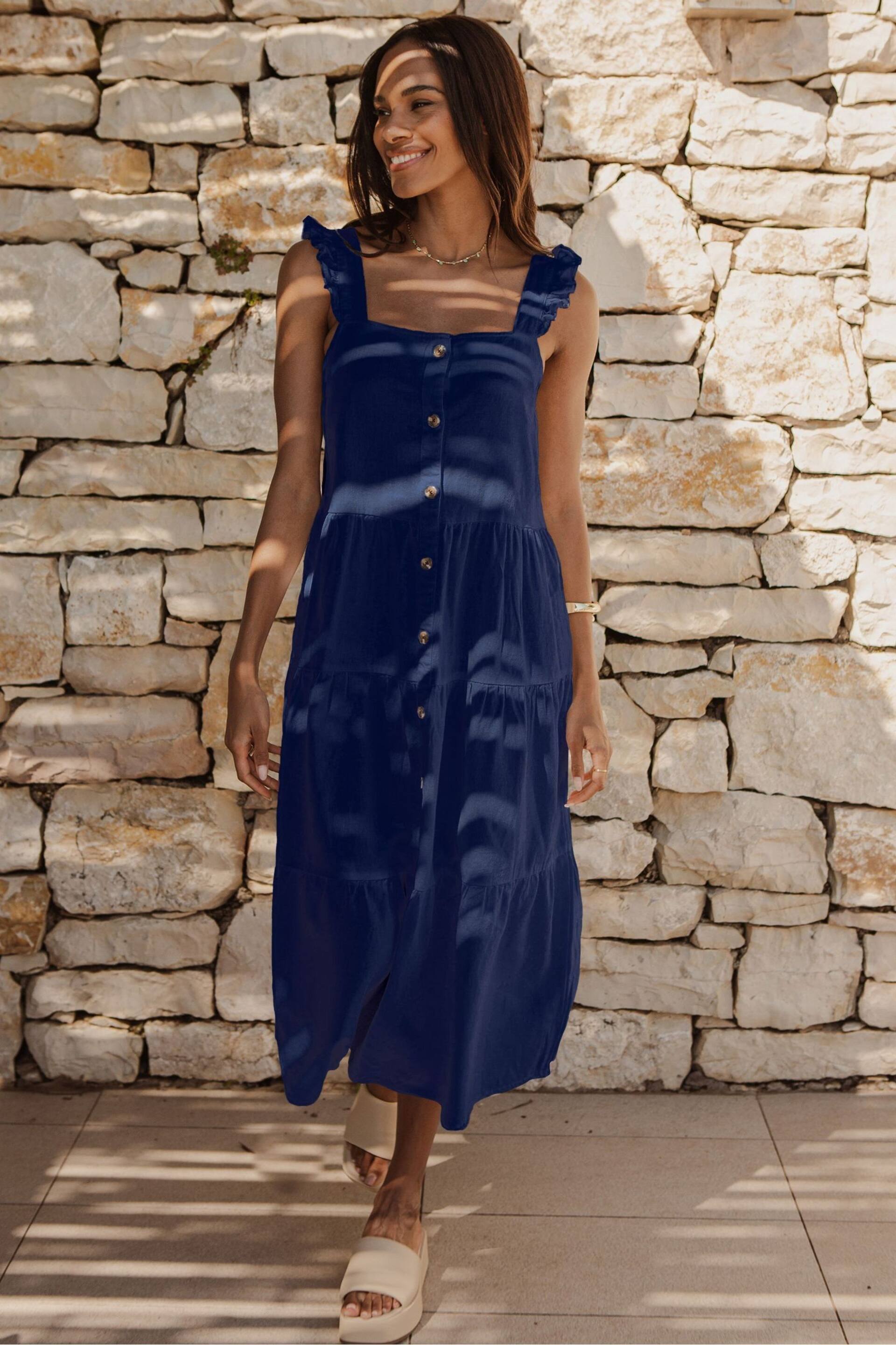 Threadbare Blue Linen Blend Tiered Midi Dress - Image 1 of 4