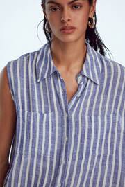 Blue/White Stripe Sleeveless Ruched Side Linen Blend Shirt - Image 3 of 6