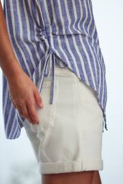 Blue/White Stripe Sleeveless Ruched Side Linen Blend Shirt - Image 4 of 6