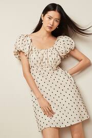 Neutral/Black Polka Dot Mini Puff Sleeve Ruched Front Dress - Image 3 of 6