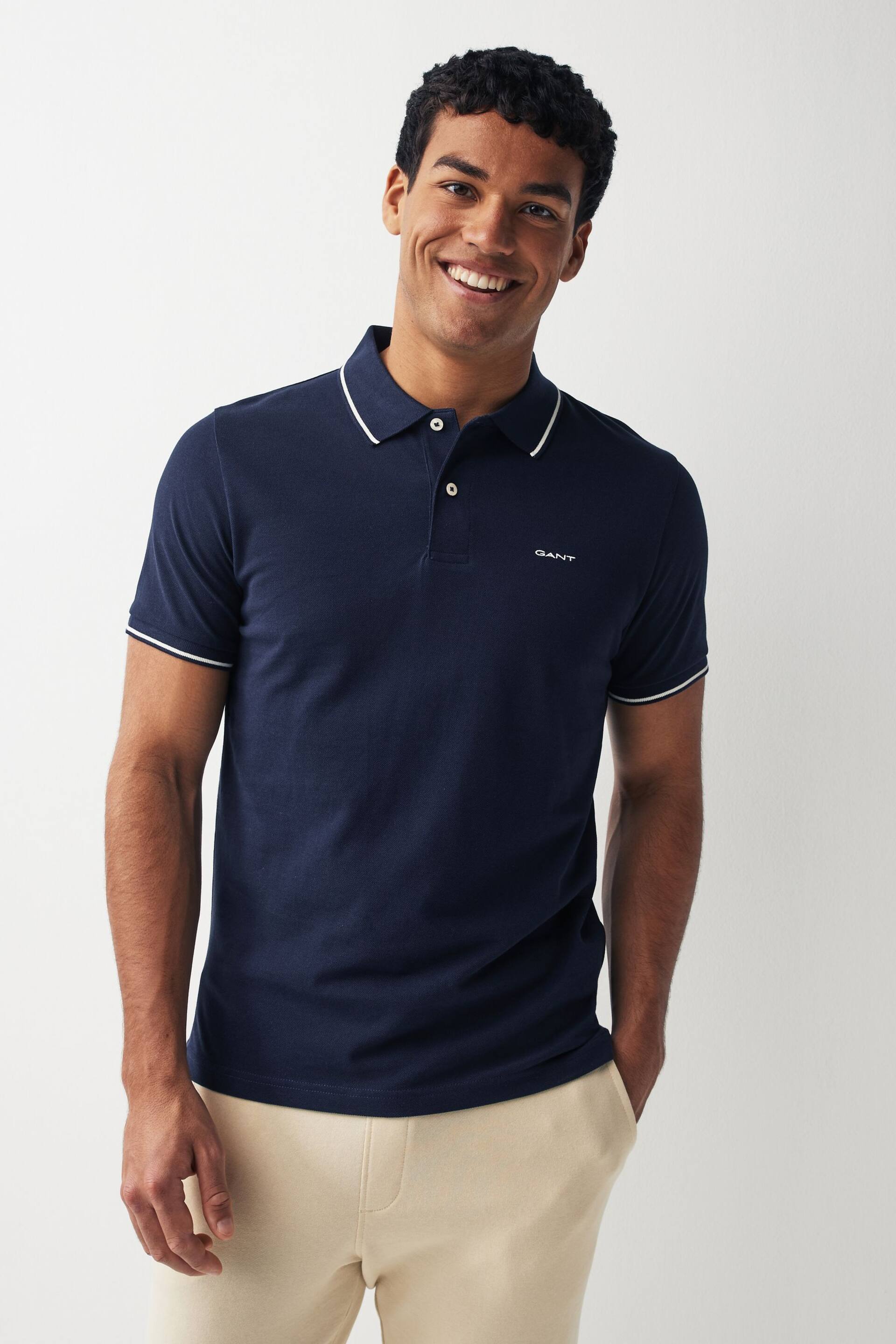 GANT Blue Tipped Piqué Polo Shirt - Image 1 of 4