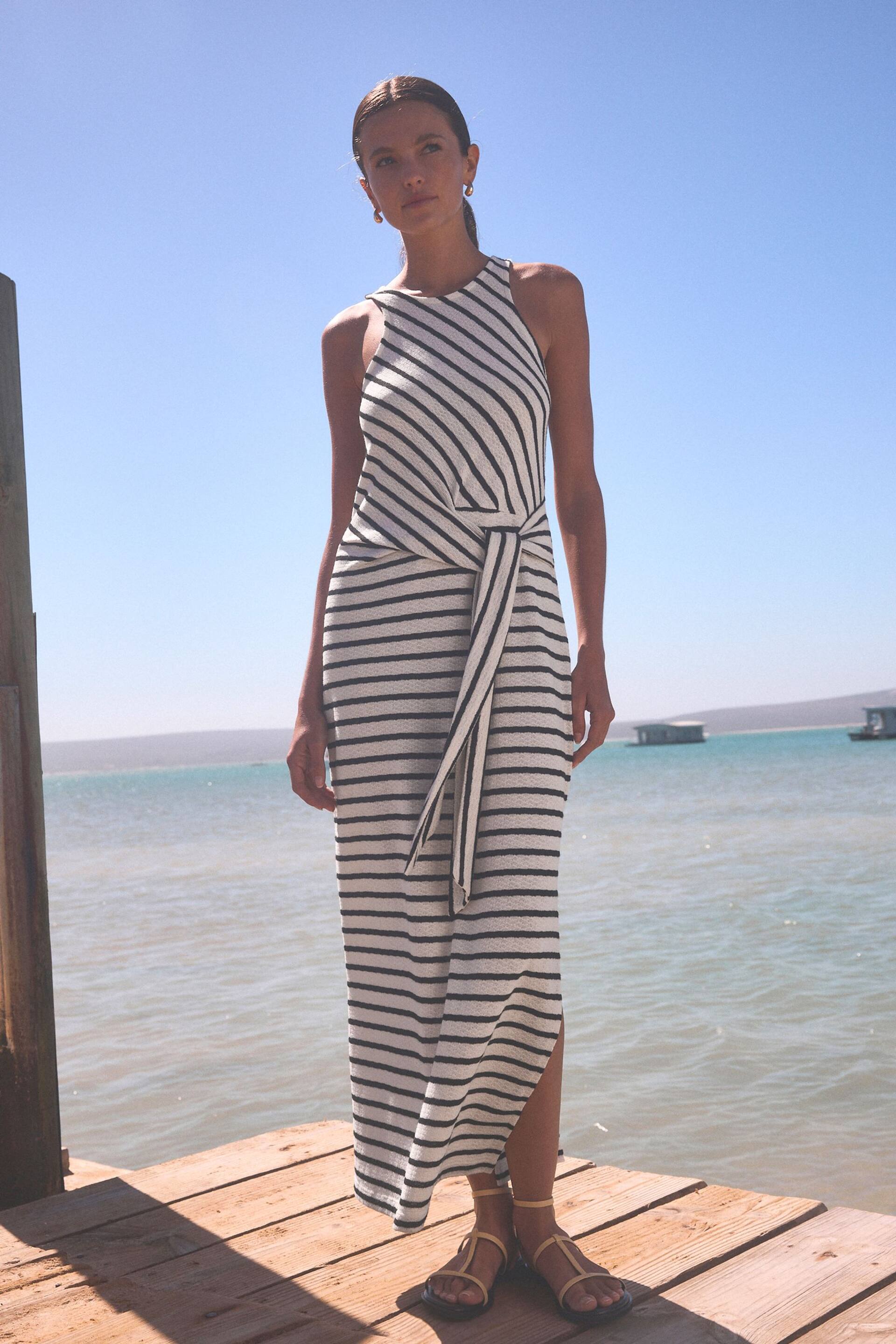 White/Black Stripe Tieside Sleeveless Jersey Maxi Dress - Image 1 of 3