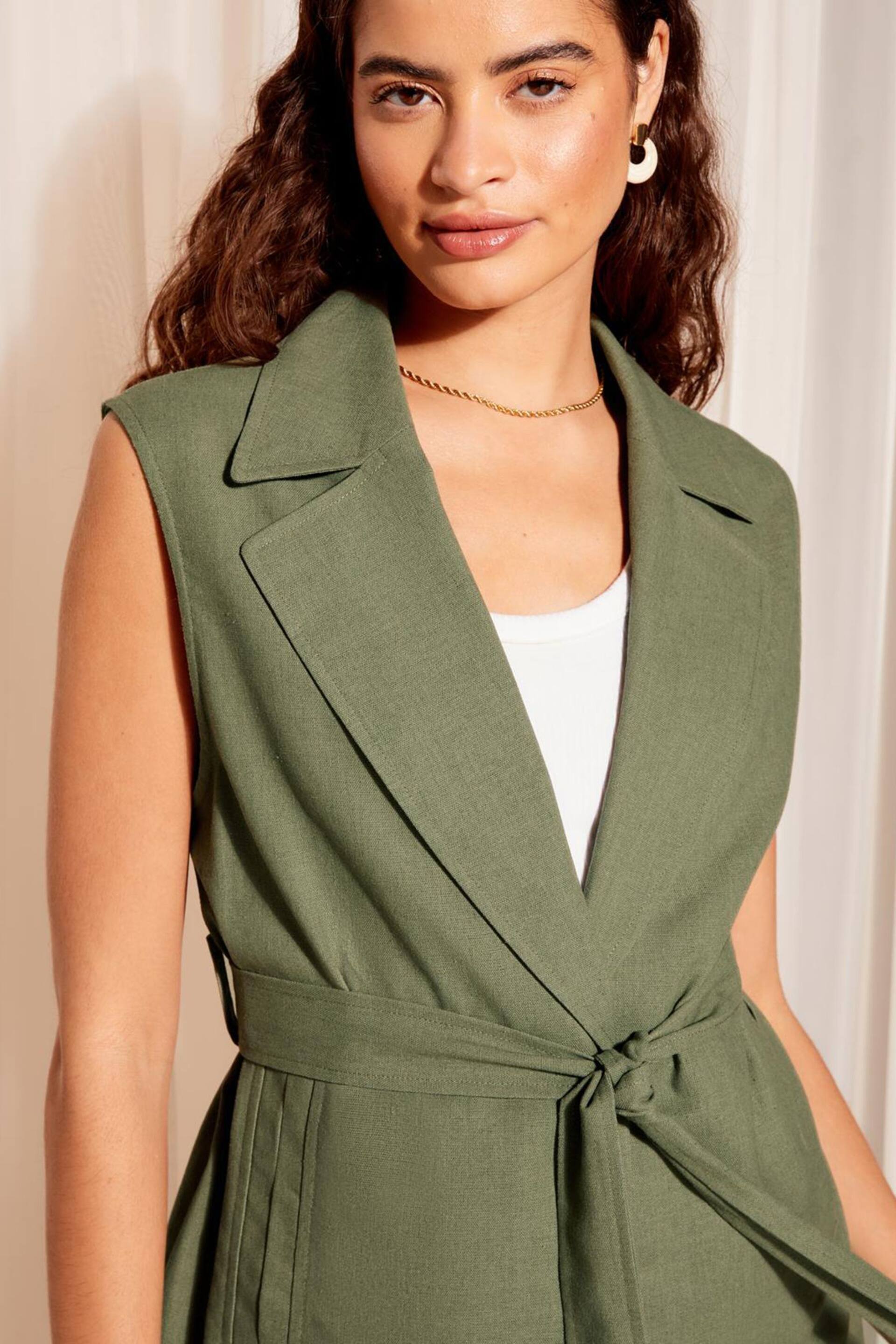 Friends Like These Khaki Green Khaki Green Sleeveless Tie Waist Blazer Co Ord with Linen - Image 1 of 4
