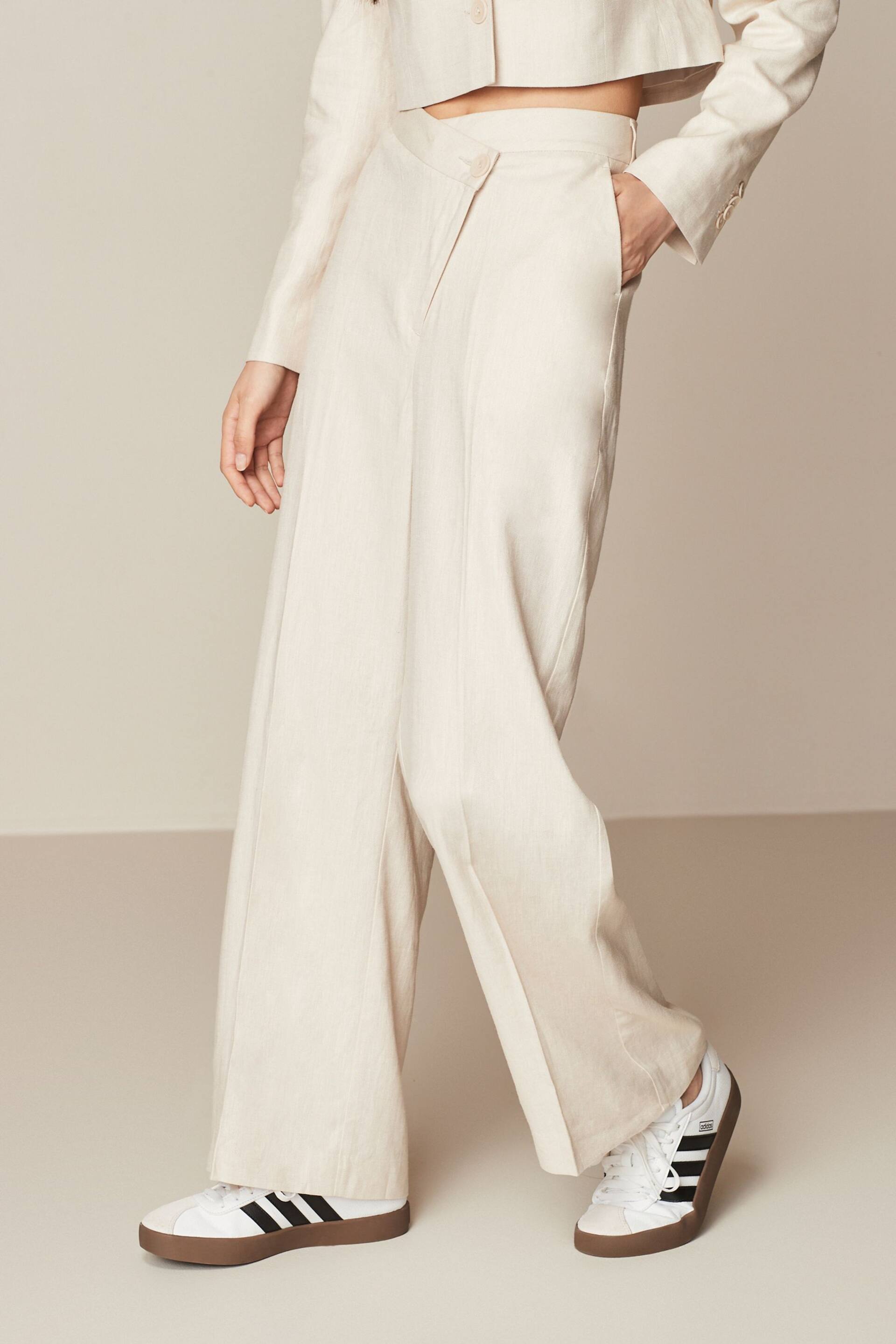 Neutral Asymetric Waistband Tailored Wide Leg Trousers - Image 2 of 6