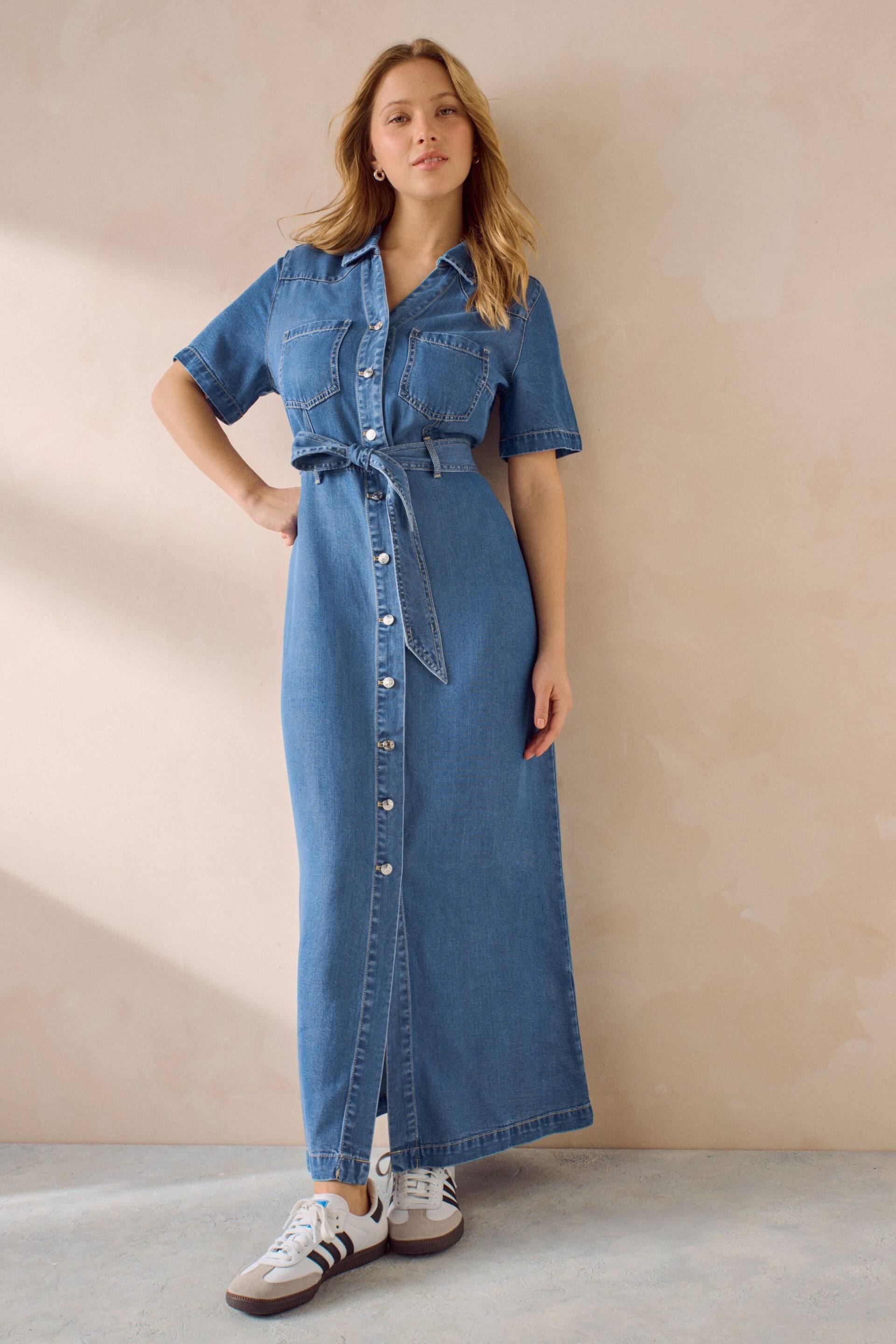 Mid Blue Fuller Bust Button Through Denim Summer Dress - Image 1 of 5