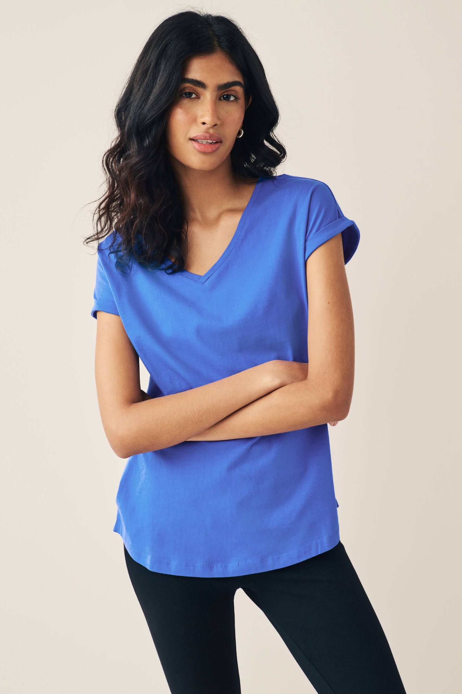 Blue Cobalt V-Neck Cotton Rich Cap Sleeve T-Shirt - Image 3 of 6