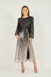 Yumi Black Sequin Ombre Long Sleeve Midi Dress - Image 1 of 5