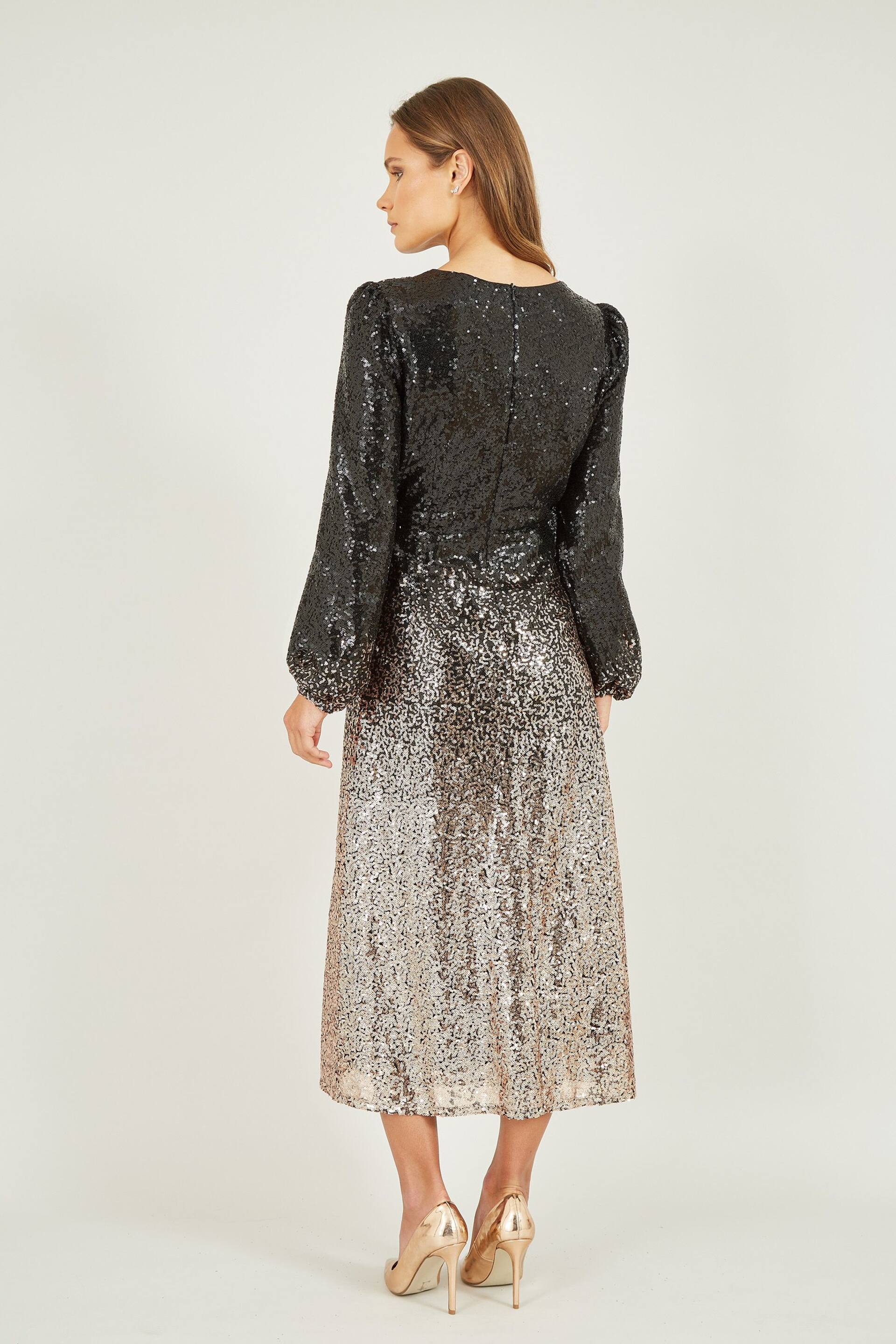 Yumi Black Sequin Ombre Long Sleeve Midi Dress - Image 2 of 5