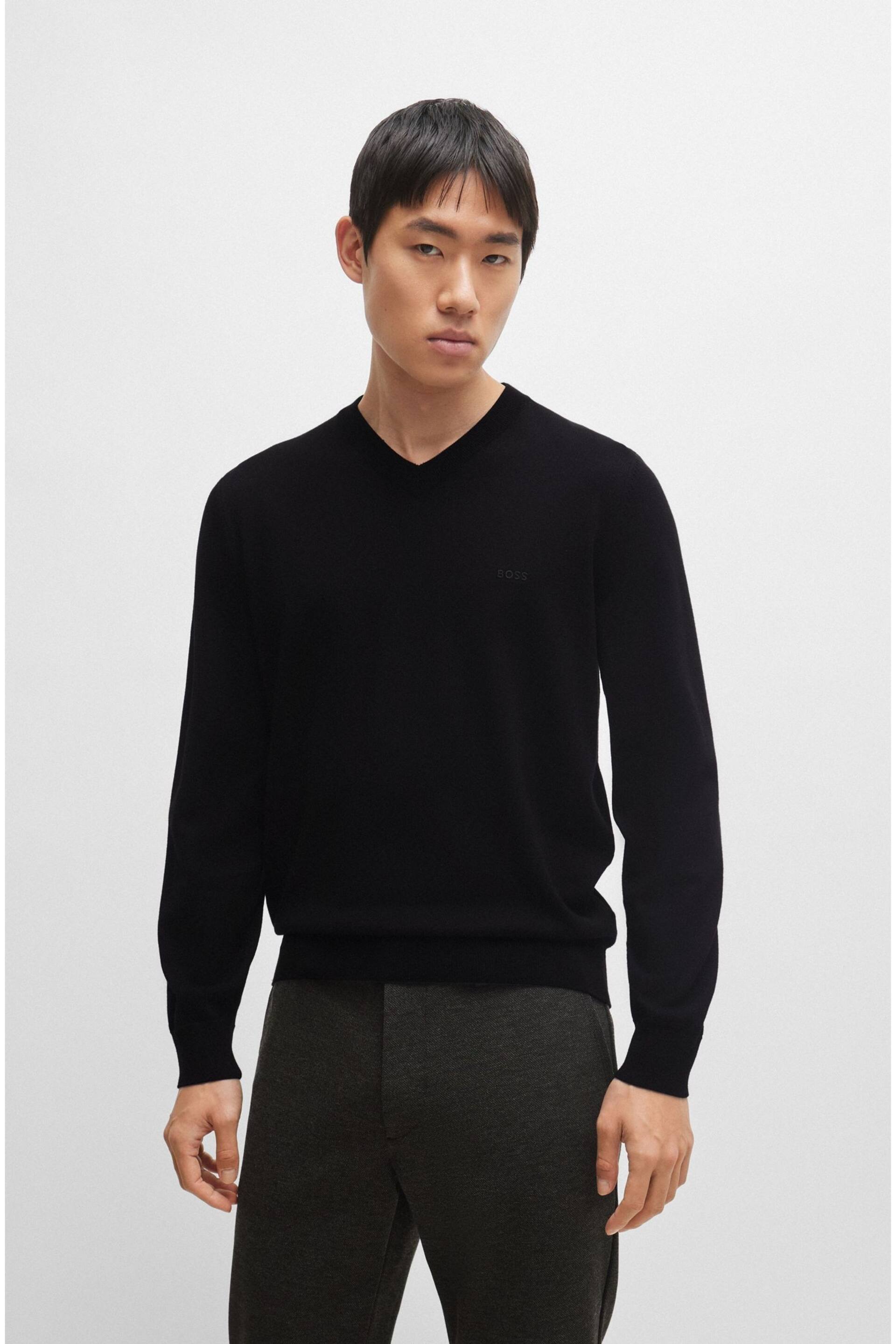 BOSS Black V-Neck Sweater in Cotton With Embroidered Logo - Image 1 of 5