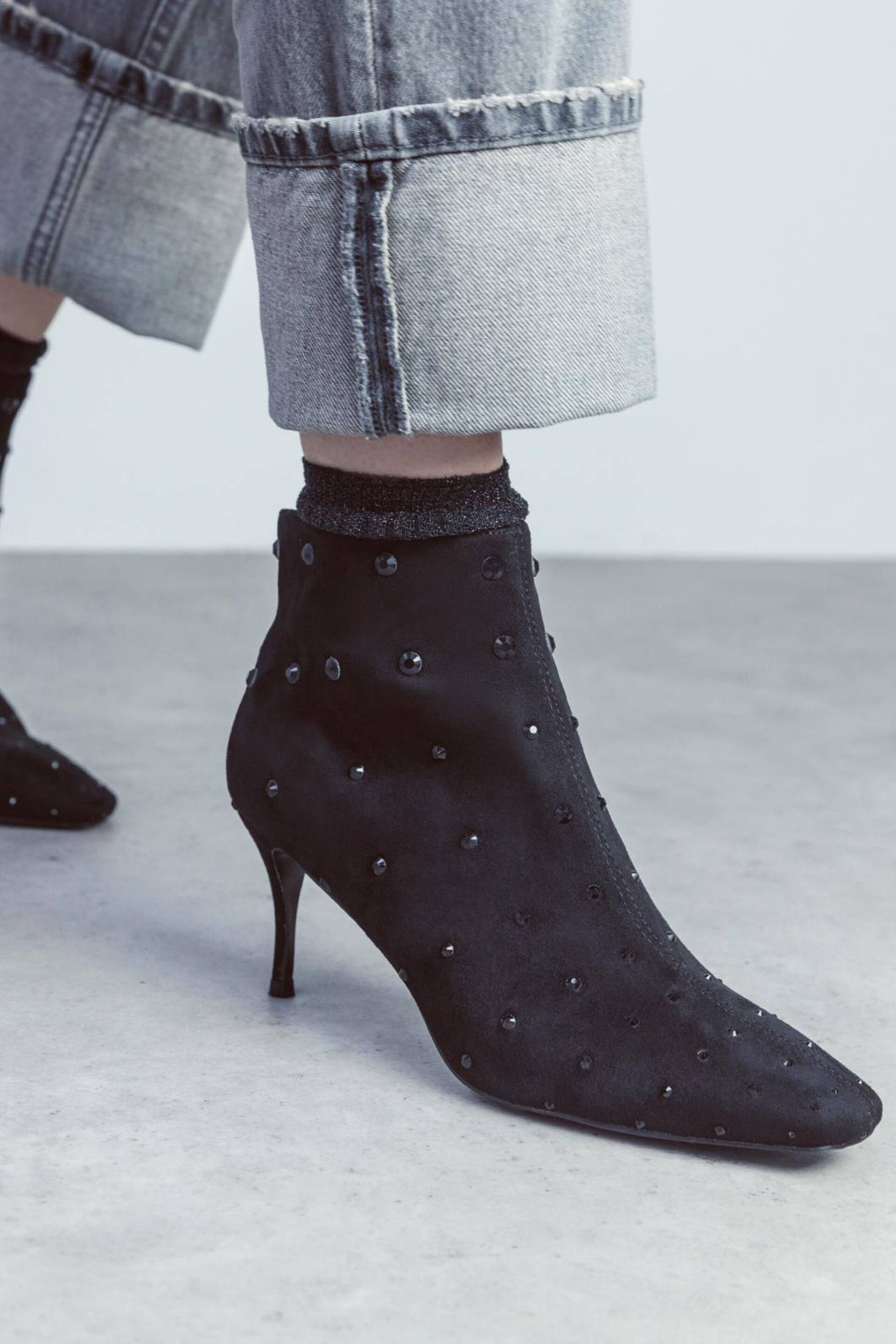 Moda in Pelle Wenoa Sq Toe Kitten Heel Crystal Stone Ankle Black Boots - Image 1 of 5