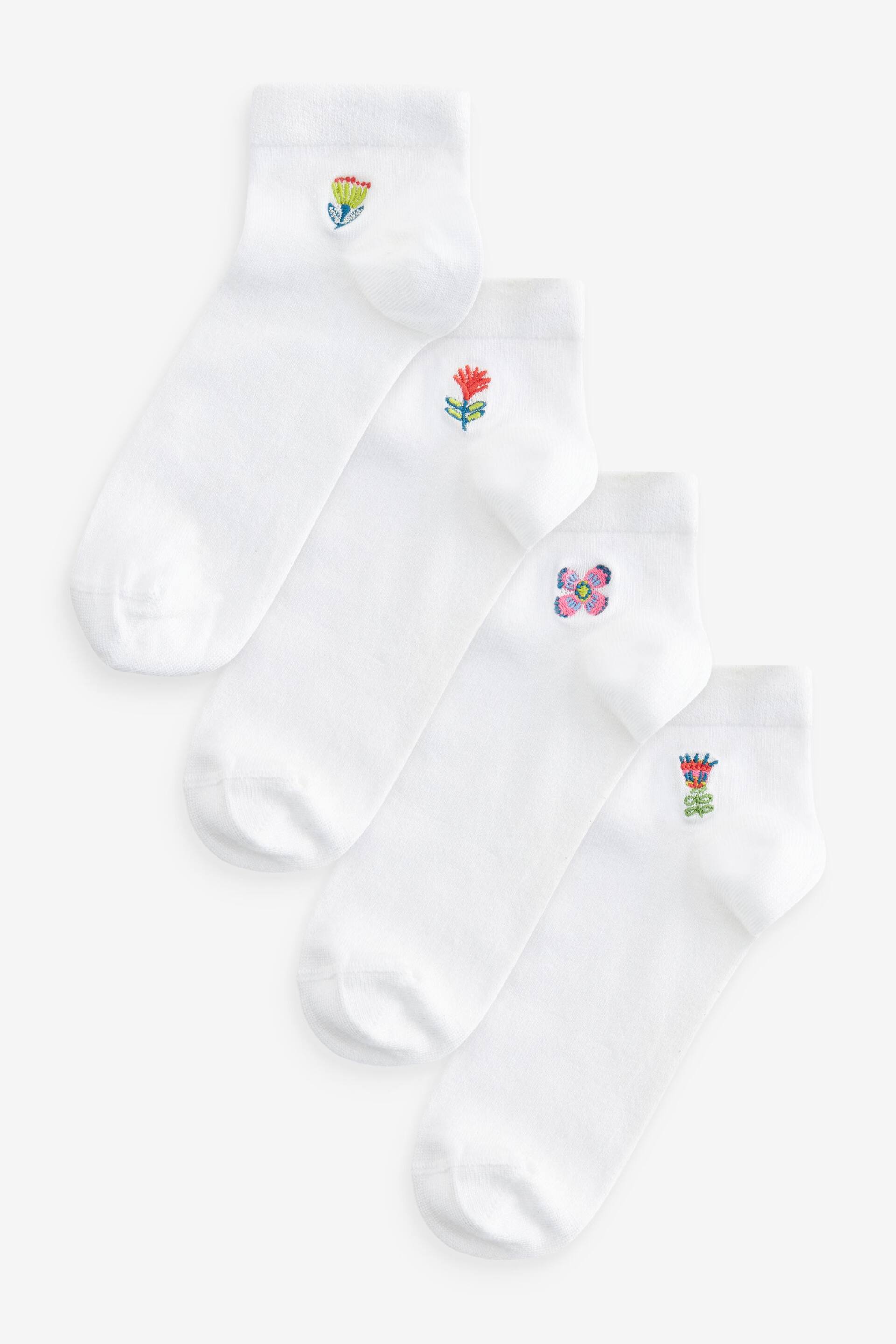 Flower Embroidered Motif White Trainers Socks 4 Pack - Image 1 of 2