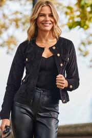 Sosandar Black Velvet Round Neck Pocket Front Denim Jacket - Image 1 of 5