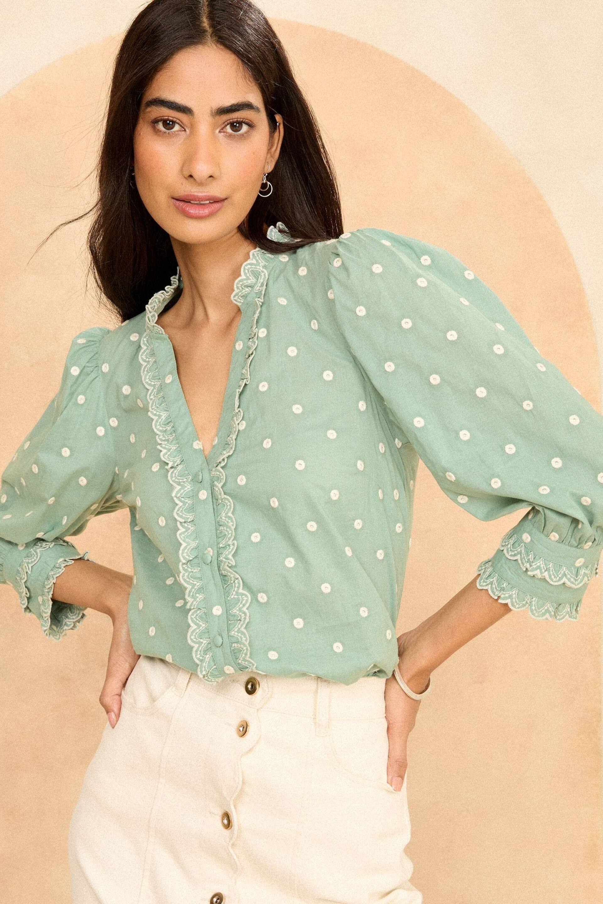 Love & Roses Green and White Dobby Ruffle V Neck 3/4 Sleeve Button Up Blouse - Image 1 of 4