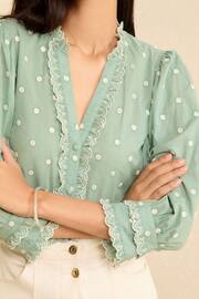 Love & Roses Green and White Dobby Ruffle V Neck 3/4 Sleeve Button Up Blouse - Image 2 of 4