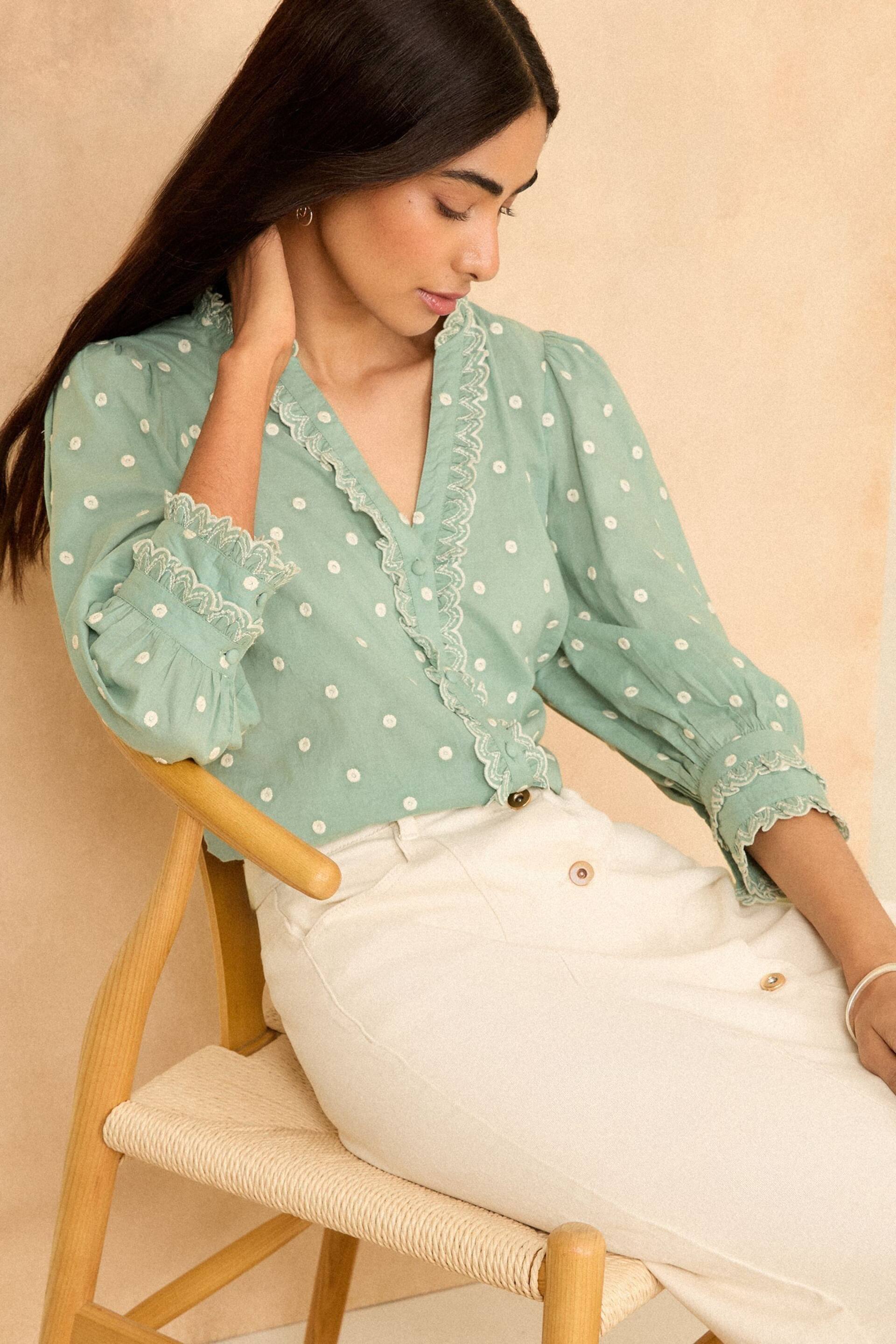 Love & Roses Green and White Dobby Ruffle V Neck 3/4 Sleeve Button Up Blouse - Image 3 of 4