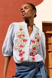 Love & Roses Stripe Embroidery Embroidered V Neck 3/4 Sleeve Blouse - Image 1 of 4