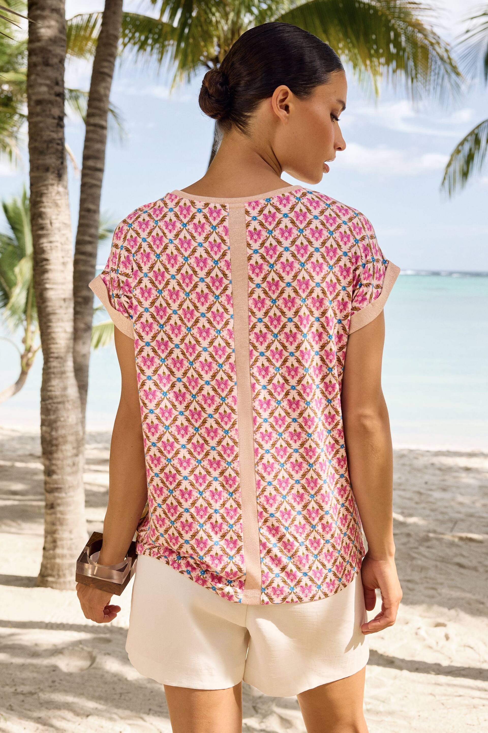 V&A | Love & Roses Pink Floral Print Satin Front Jersey Back Crew Neck T-Shirt - Image 3 of 4