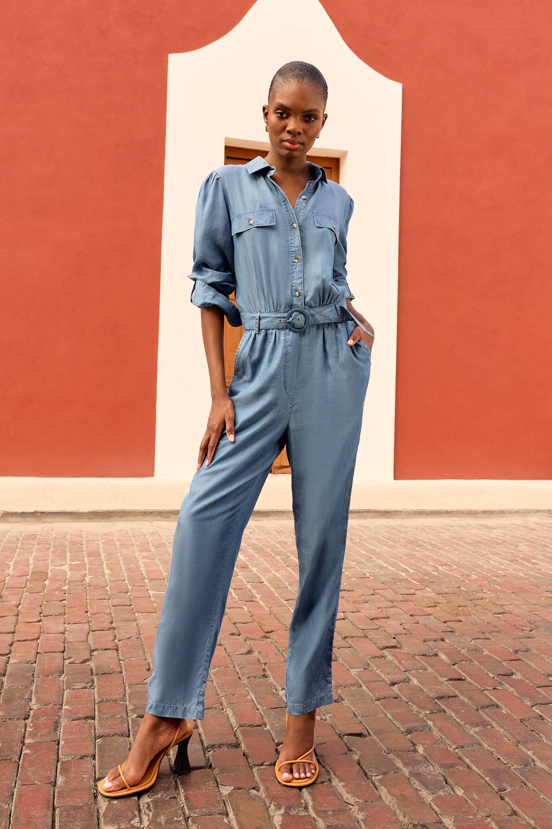 Love & Roses Blue TENCEL™ Button Through Belted Utility Jumpsuit - Image 1 of 3