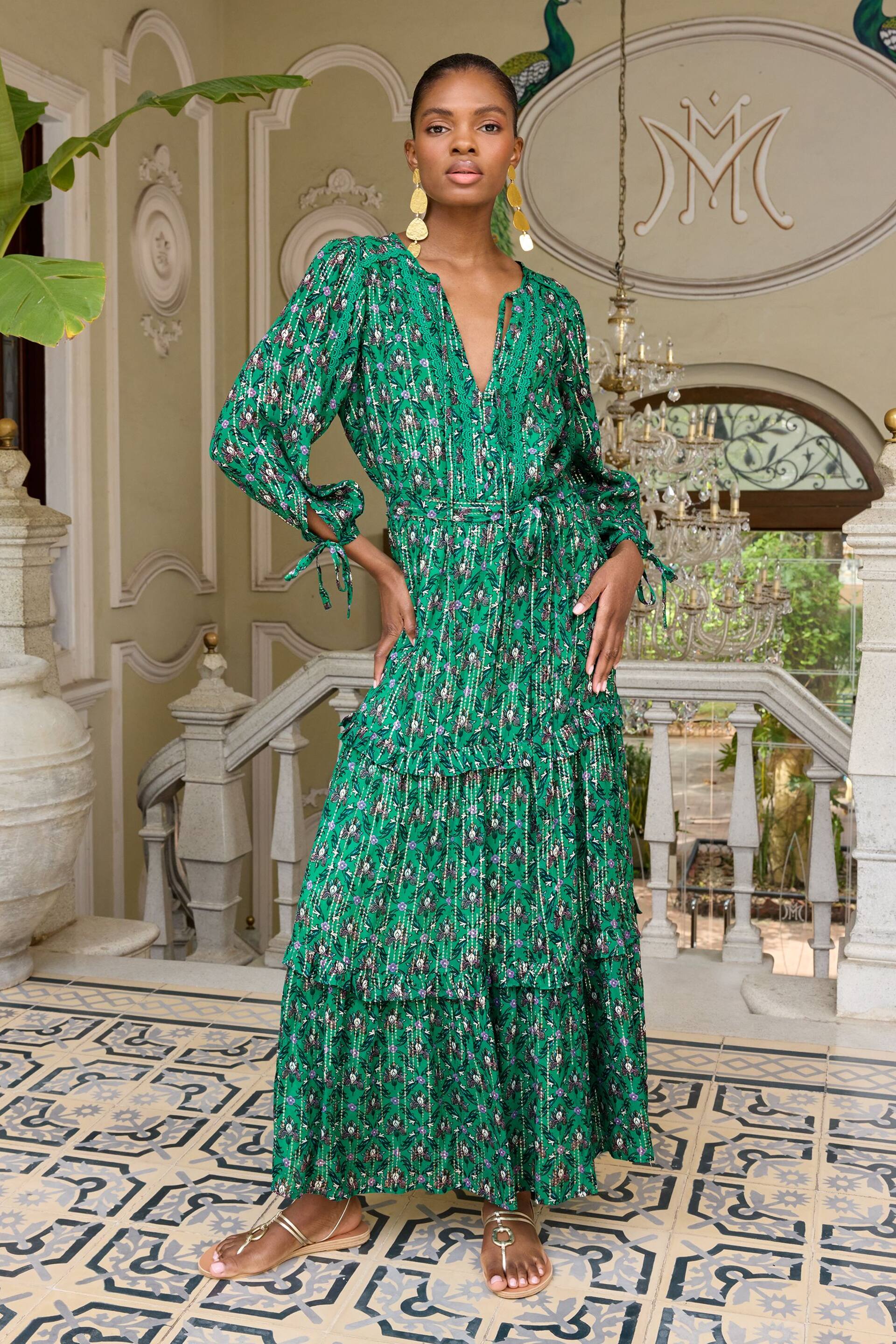 V&A | Love & Roses Green Floral Petite Printed V Neck Metallic Tie Cuff Midi Dress - Image 1 of 4