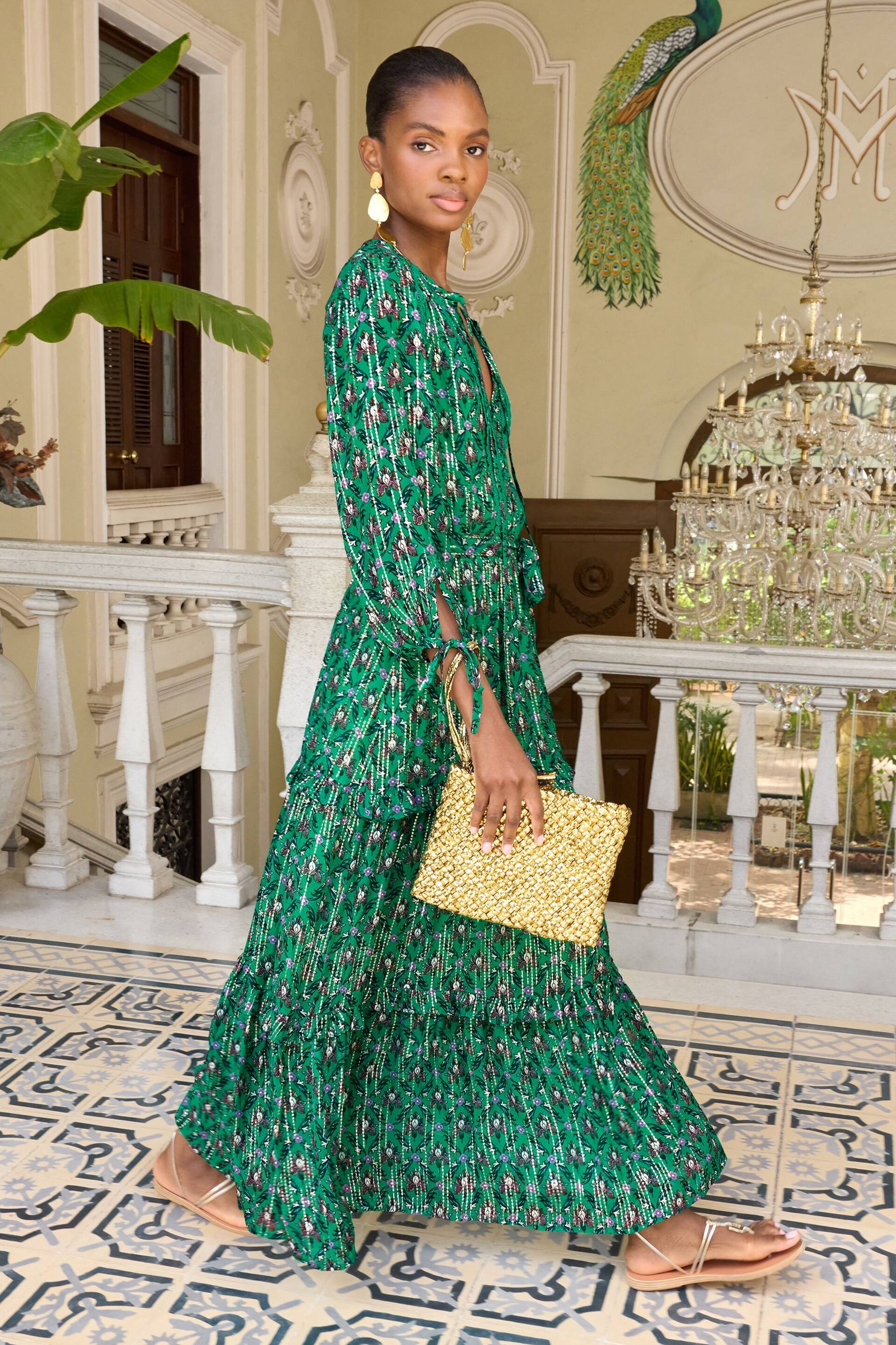 V&A | Love & Roses Green Floral Petite Printed V Neck Metallic Tie Cuff Midi Dress - Image 4 of 4