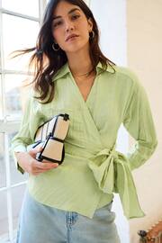 Sage Green Crinkle Long Sleeve Wrap Shirt - Image 1 of 6
