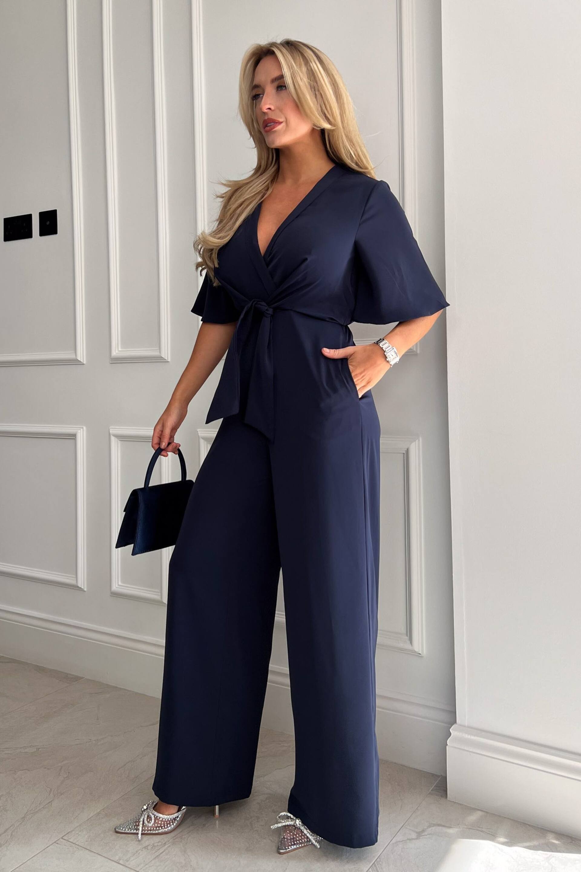 Girl In Mind Navy Viola Wrap Tie Detail Wide Leg Jumpsuit - Image 3 of 4