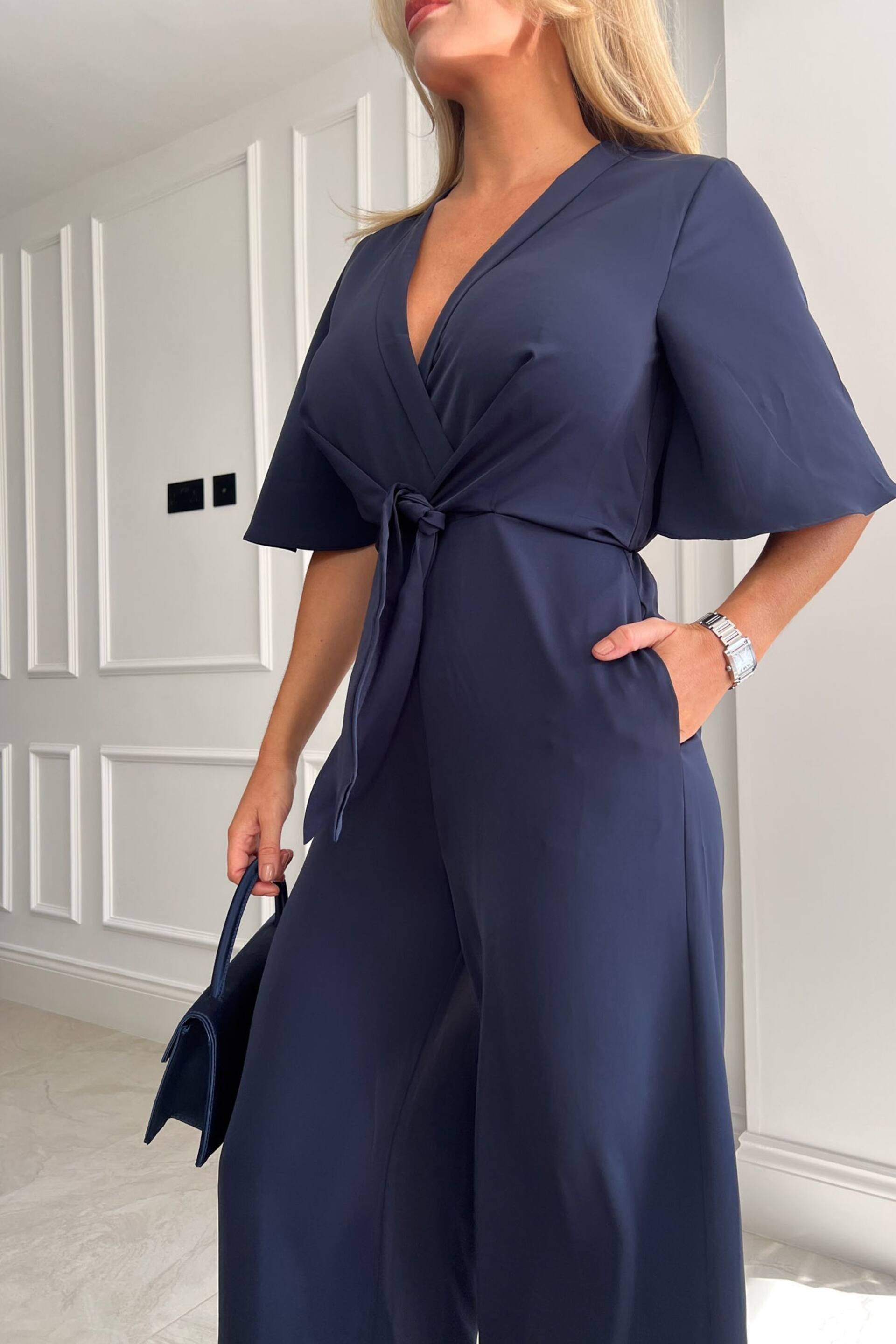 Girl In Mind Navy Viola Wrap Tie Detail Wide Leg Jumpsuit - Image 4 of 4