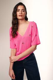 Bright Pink V-Neck Gem Button Linen T-Shirt - Image 1 of 6