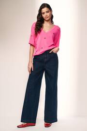 Bright Pink V-Neck Gem Button Linen T-Shirt - Image 2 of 6