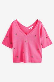 Bright Pink V-Neck Gem Button Linen T-Shirt - Image 5 of 6