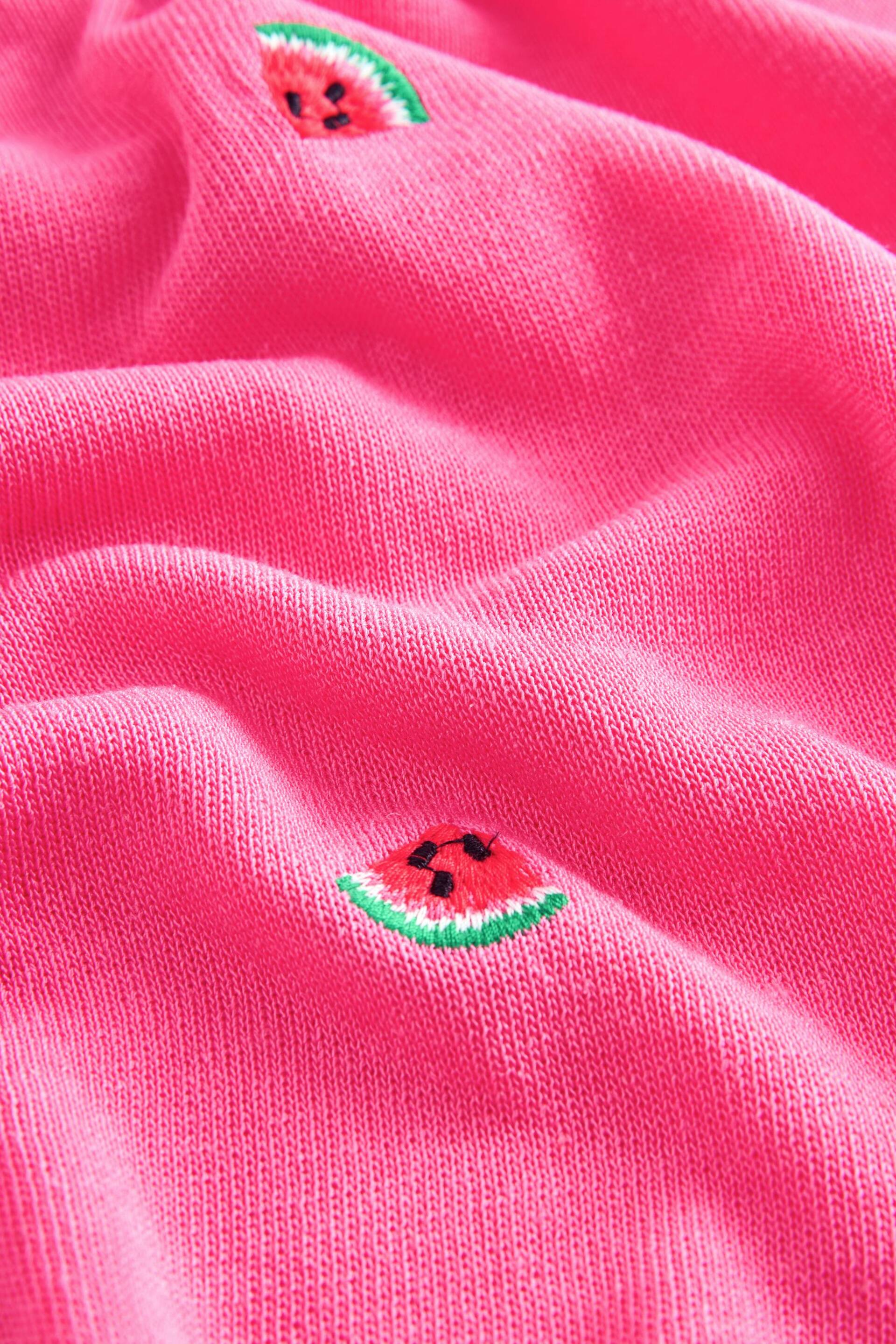 Bright Pink V-Neck Gem Button Linen T-Shirt - Image 6 of 6