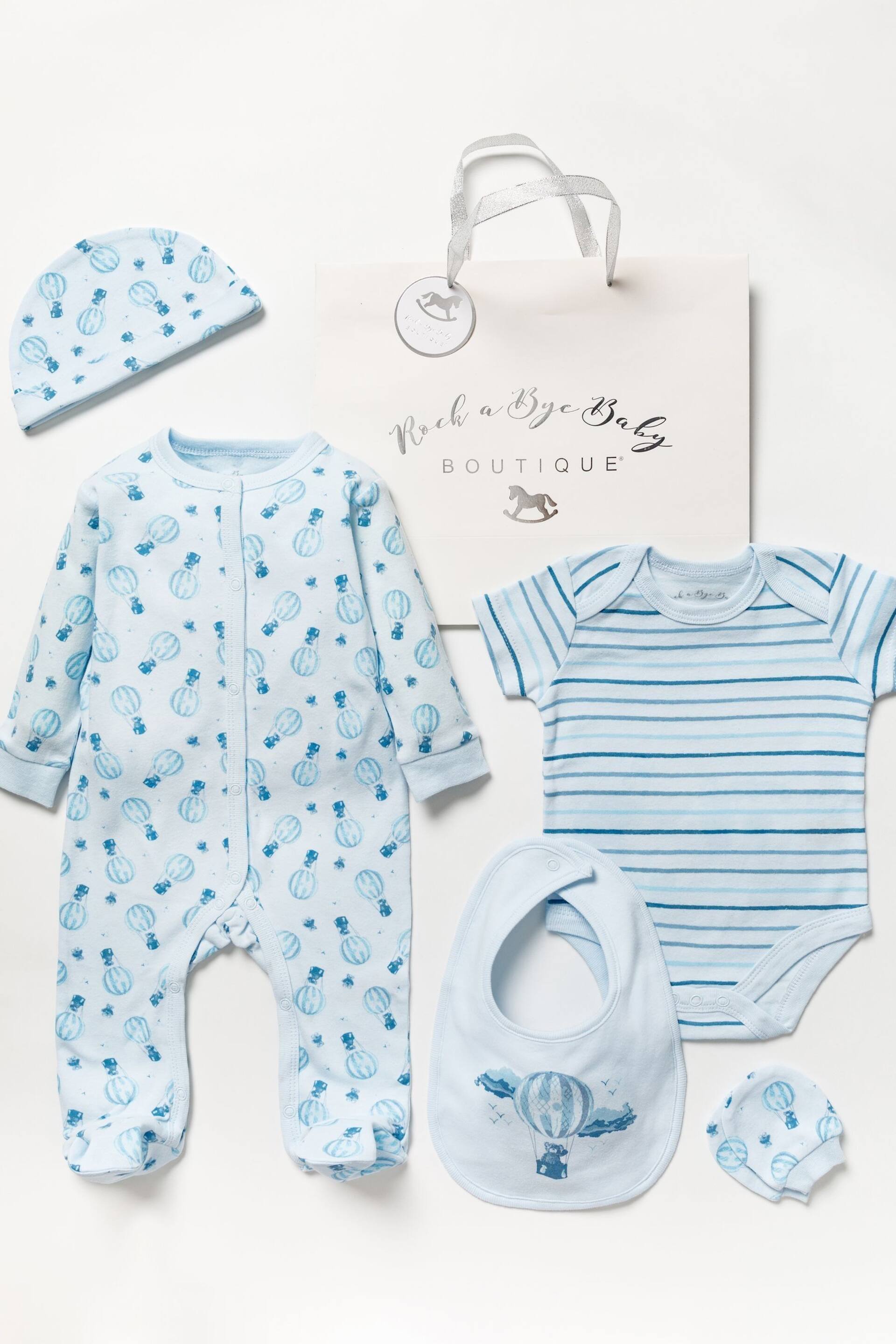 Rock-A-Bye Baby Boutique Blue Hot Air Balloon Printed Cotton 5-Piece Baby Gift Set - Image 1 of 5