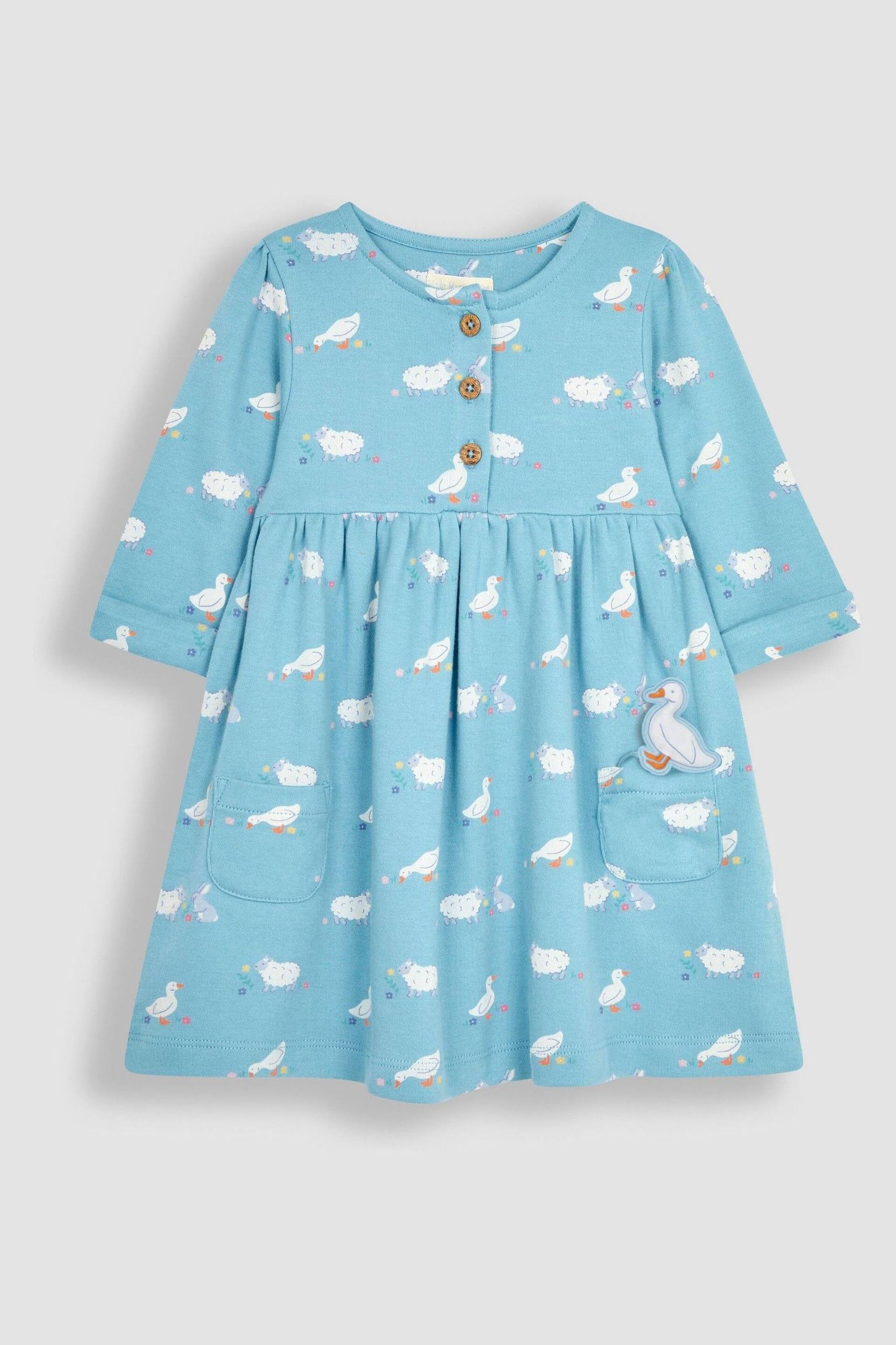 JoJo Maman Bébé Blue Duck & Friends Button Front Pet In Pocket Long Sleeve Jersey Dress - Image 1 of 3