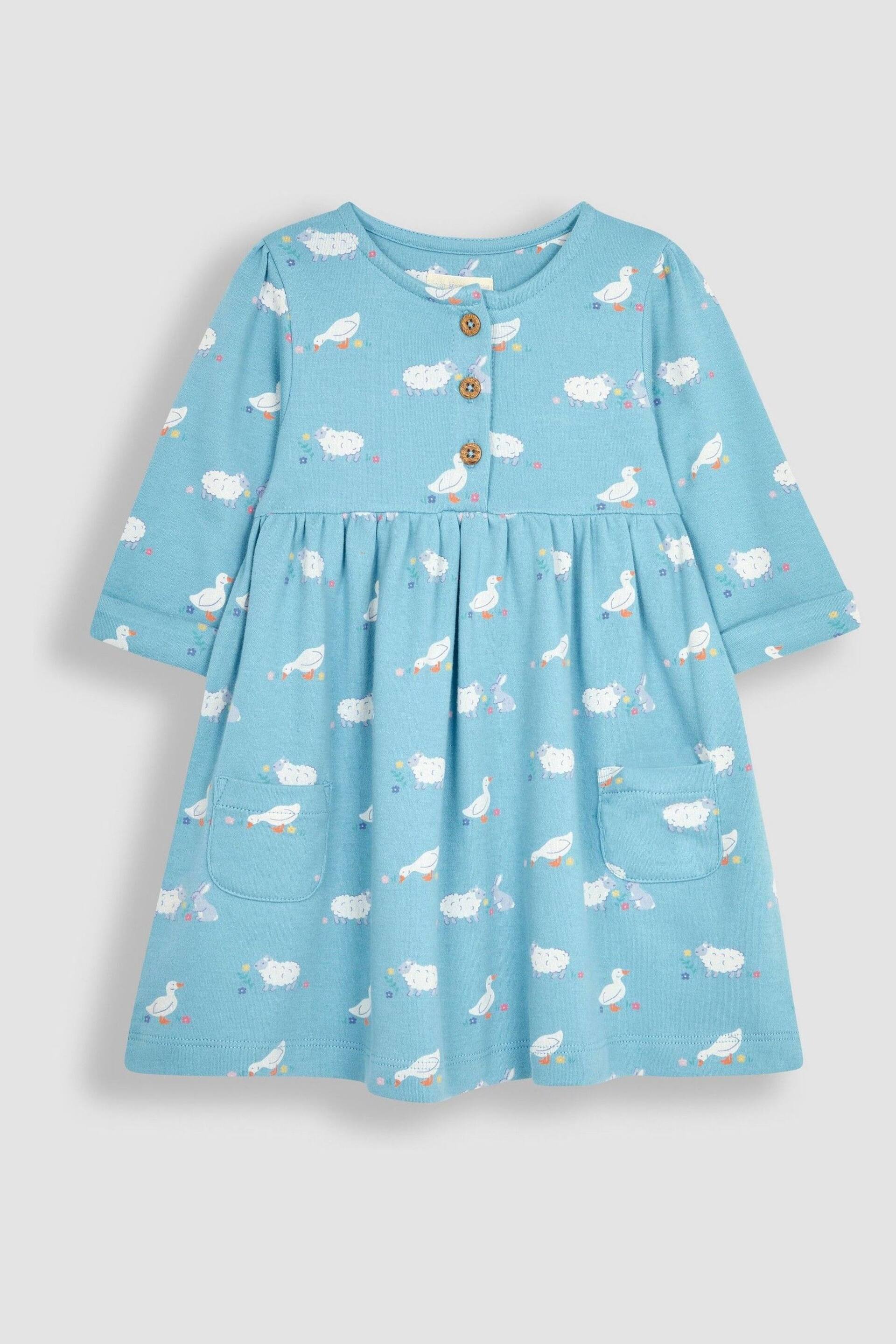 JoJo Maman Bébé Blue Duck & Friends Button Front Pet In Pocket Long Sleeve Jersey Dress - Image 2 of 3