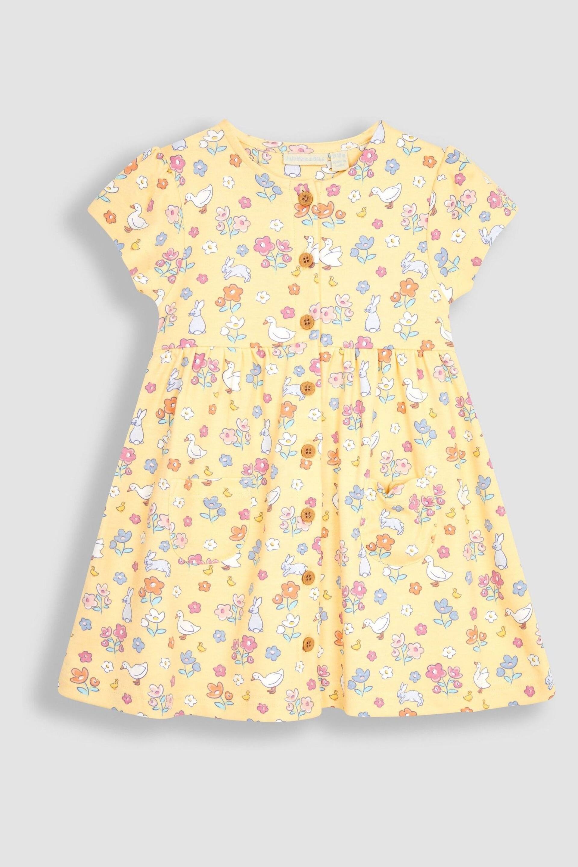 JoJo Maman Bébé Yellow Bunny & Duck Button Through Pet In Pocket Jersey Dress - Image 2 of 3