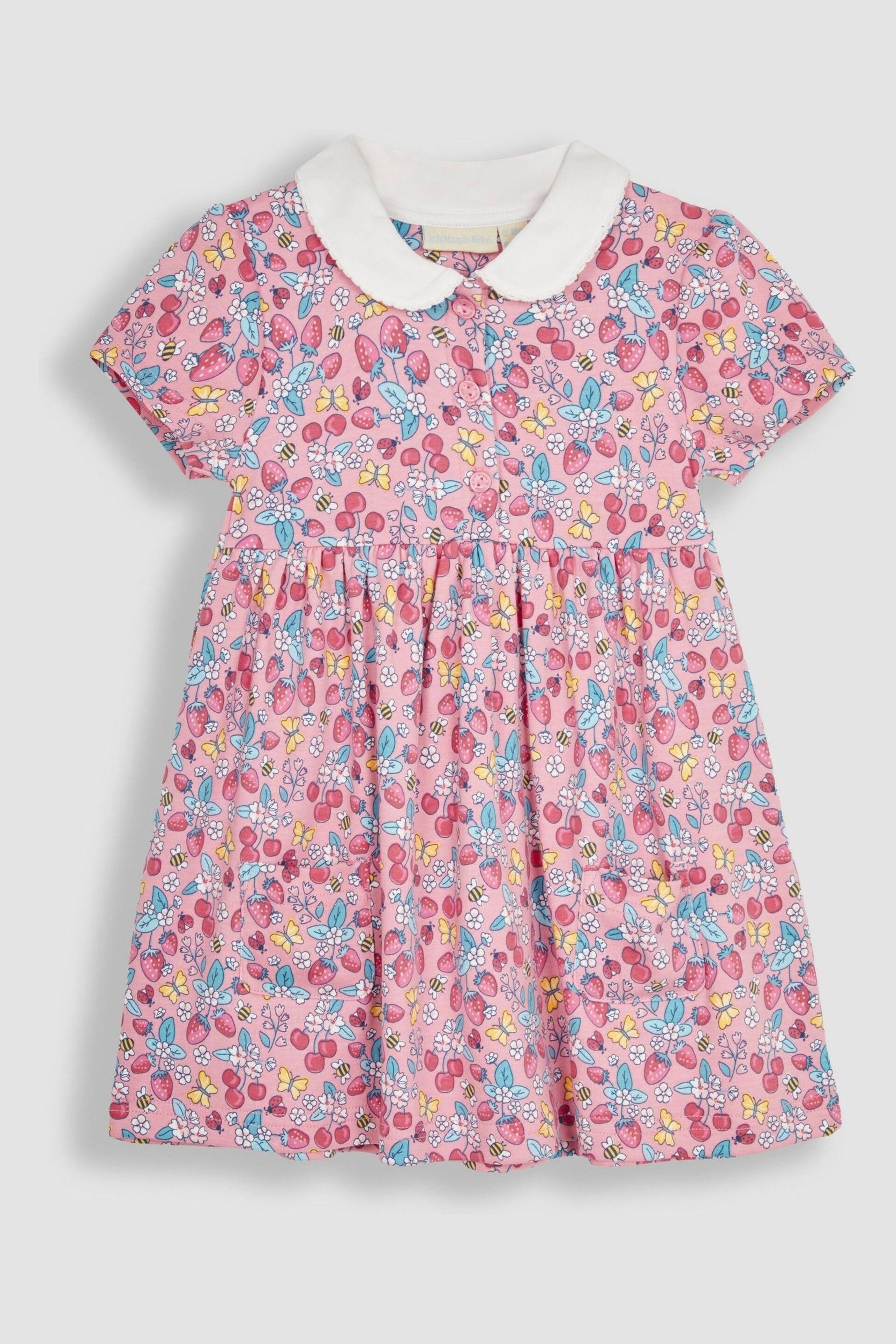 JoJo Maman Bébé Pink Strawberry Garden Floral Peter Pan Pet In Pocket Jersey Dress - Image 4 of 7