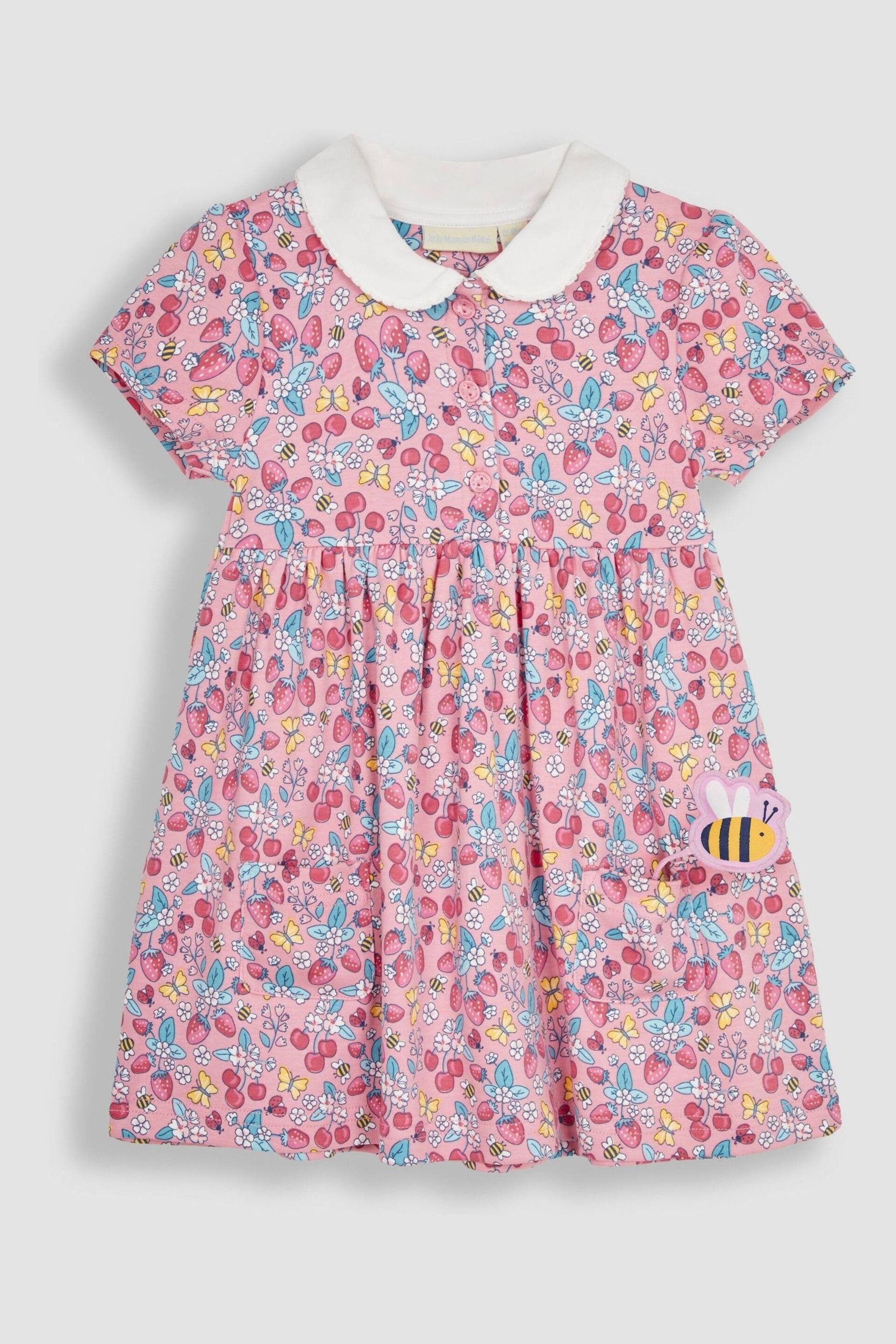 JoJo Maman Bébé Pink Strawberry Garden Floral Peter Pan Pet In Pocket Jersey Dress - Image 5 of 7