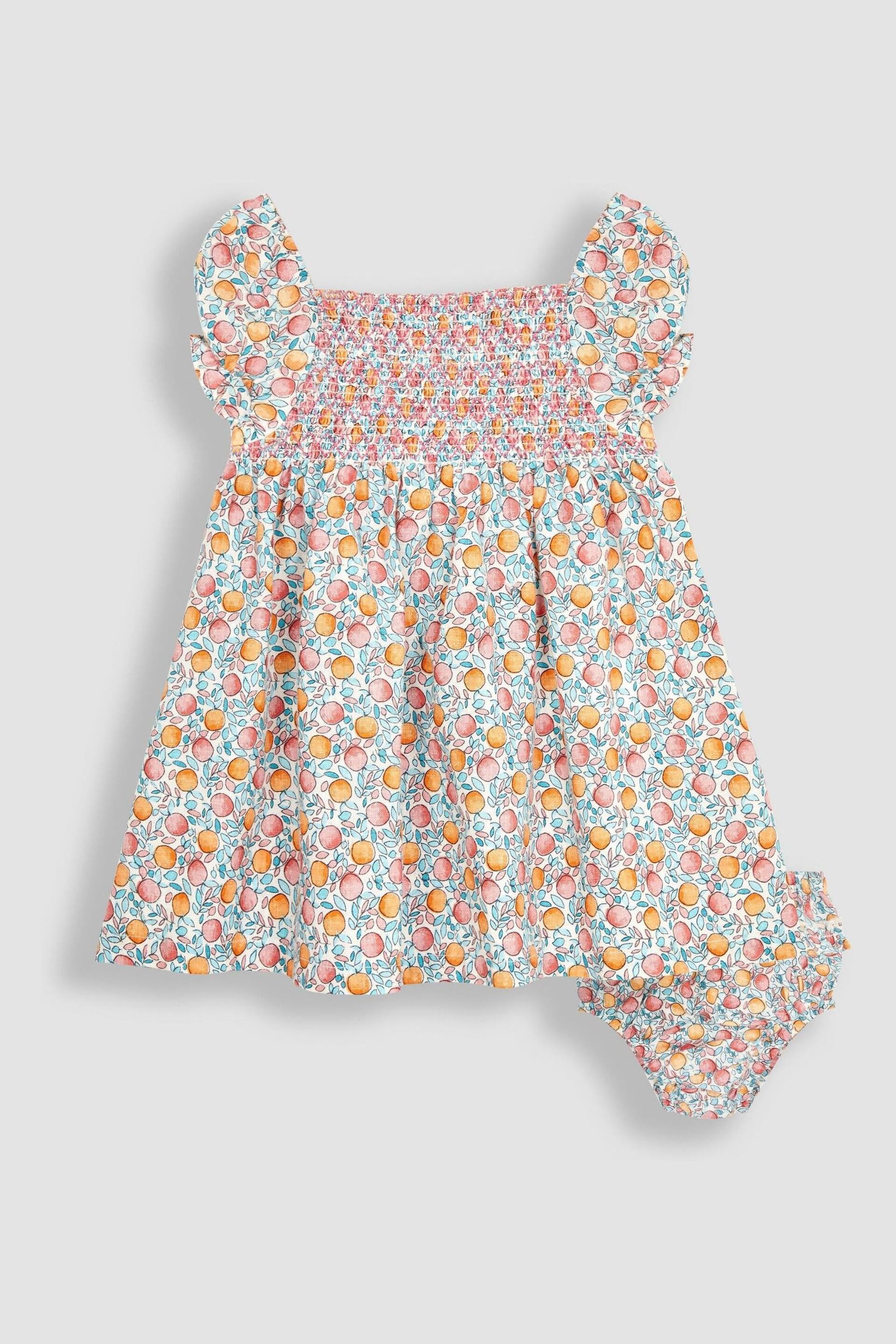 JoJo Maman Bébé Cream Apple & Peach Cotton Linen Smocked Baby Dress With Knickers - Image 1 of 4