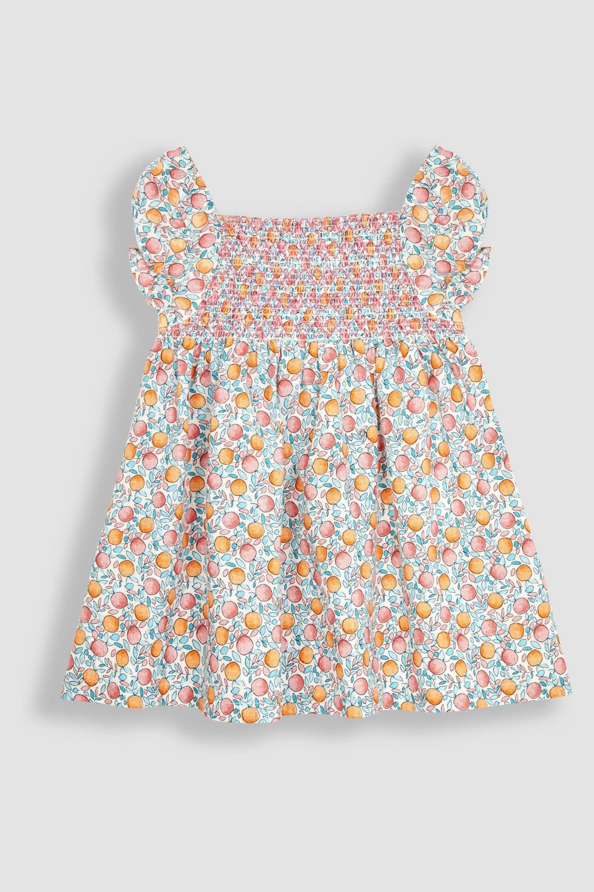 JoJo Maman Bébé Cream Apple & Peach Cotton Linen Smocked Baby Dress With Knickers - Image 2 of 4