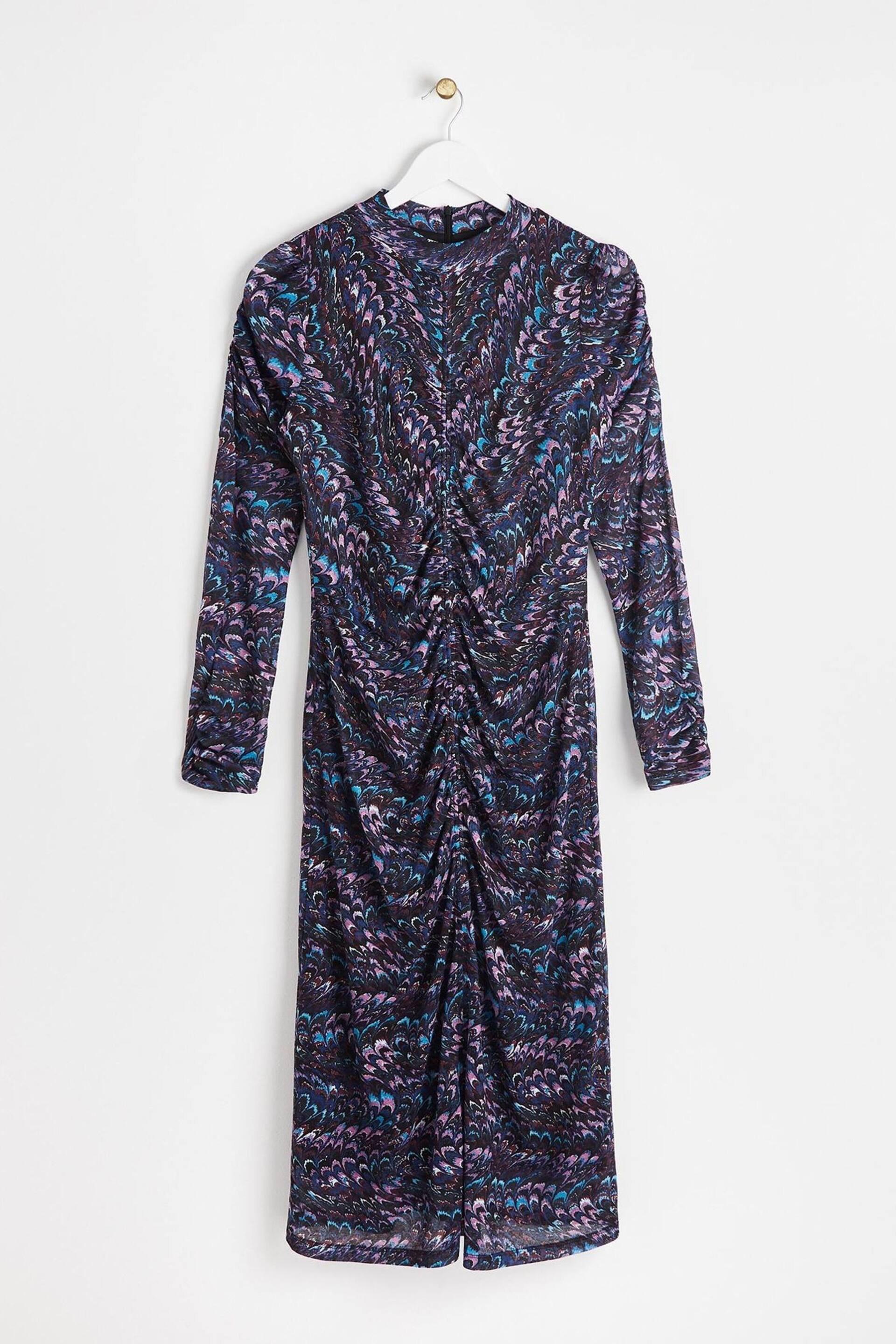 Oliver Bonas Blue Feather Print Mesh Midi Dress - Image 4 of 8