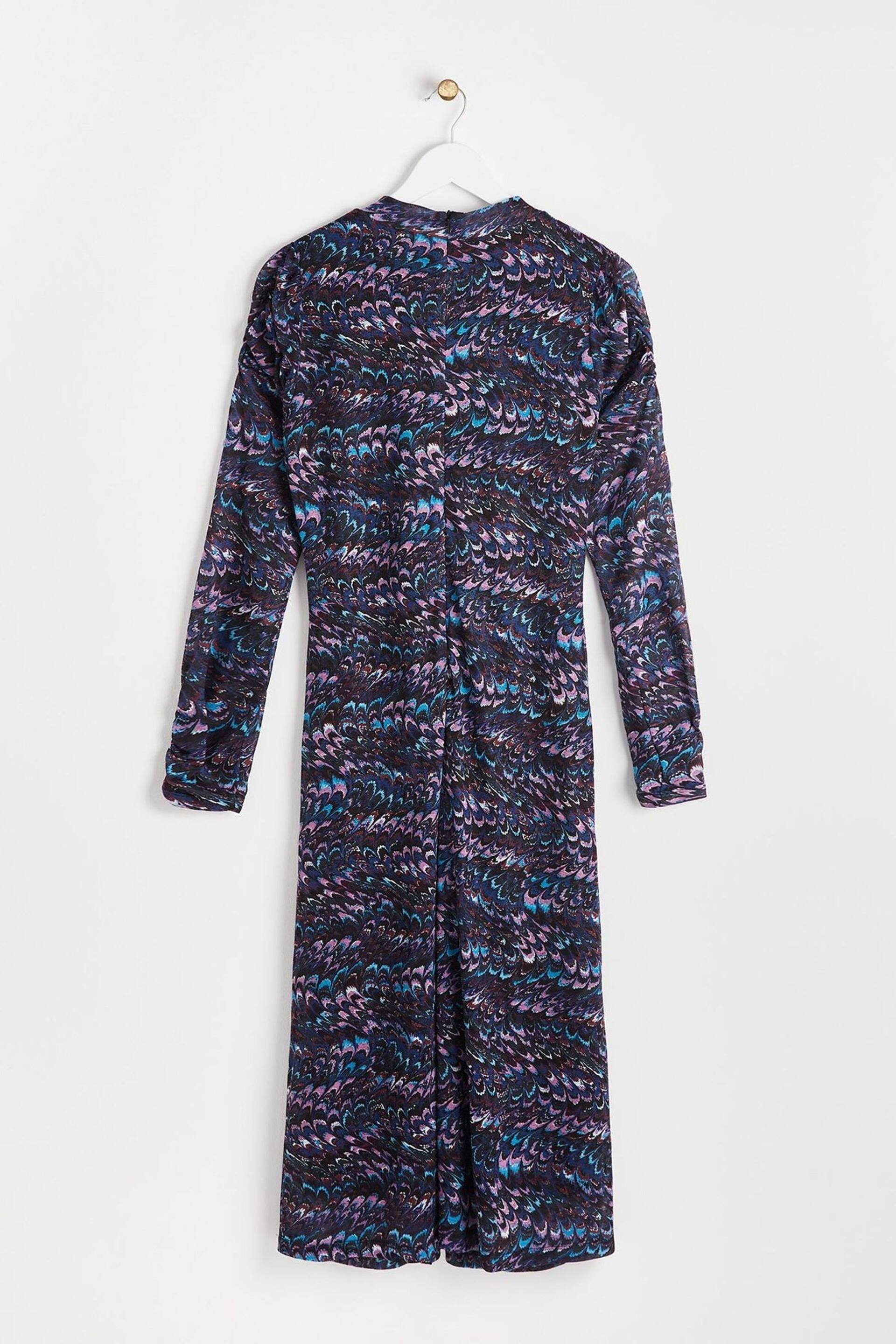 Oliver Bonas Blue Feather Print Mesh Midi Dress - Image 5 of 8
