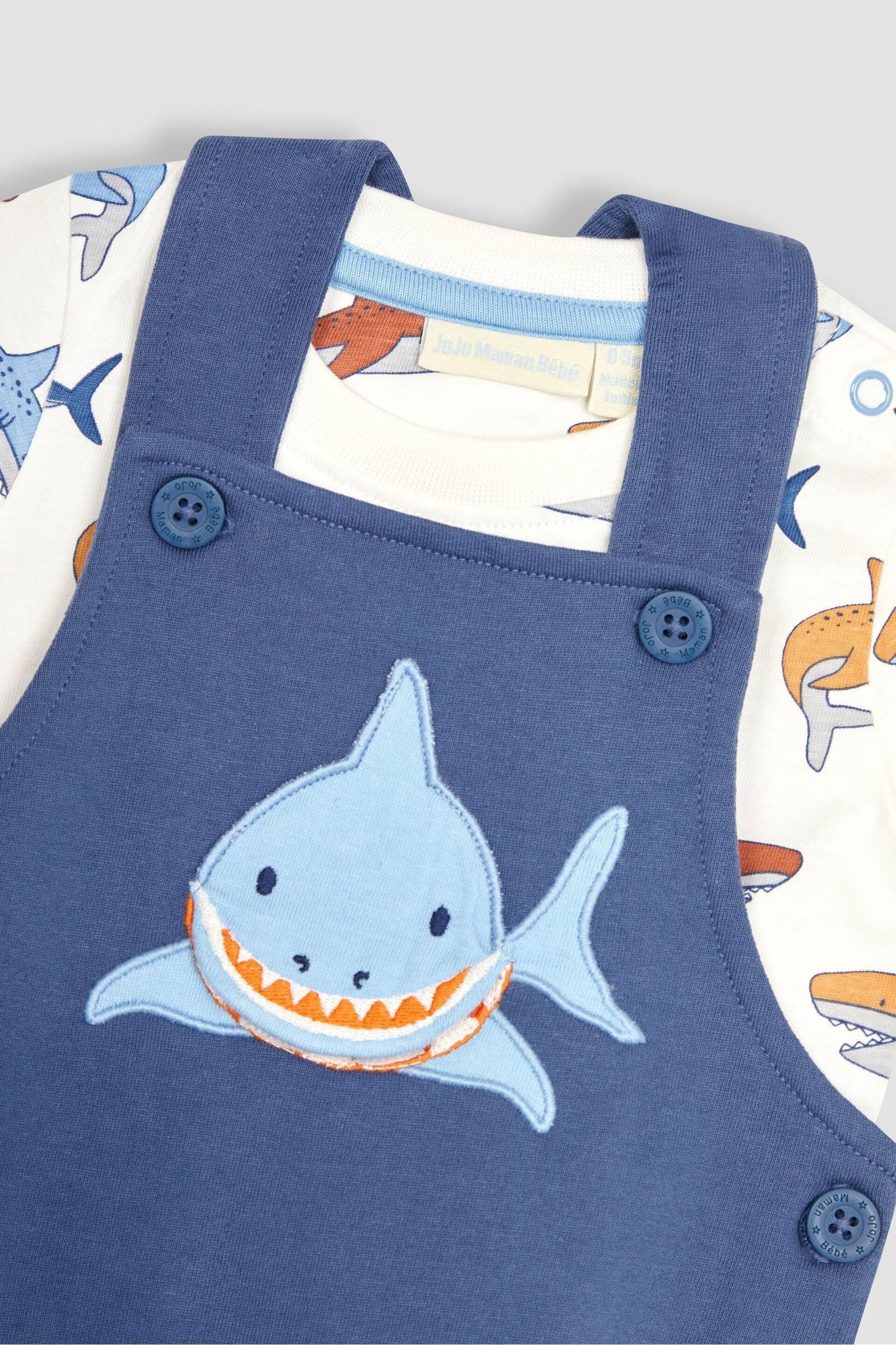 JoJo Maman Bébé Navy Blue Shark Appliqué Trouser Dungarees & T-Shirt Set - Image 6 of 7