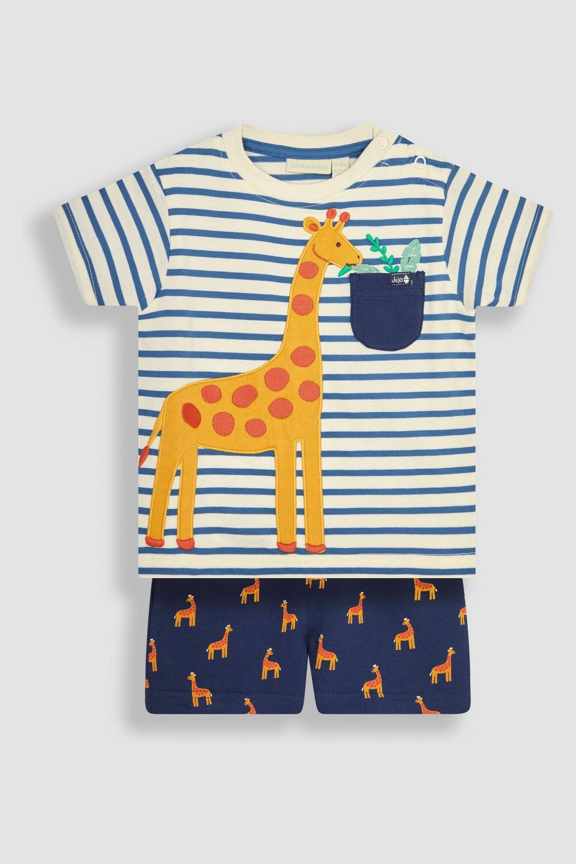 JoJo Maman Bébé Ecru Navy Stripe Giraffe Appliqué T-Shirt and Shorts Set - Image 1 of 4