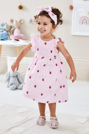 JoJo Maman Bébé Pink Strawberry Embroidered Gingham Pretty Summer Dress - Image 1 of 3