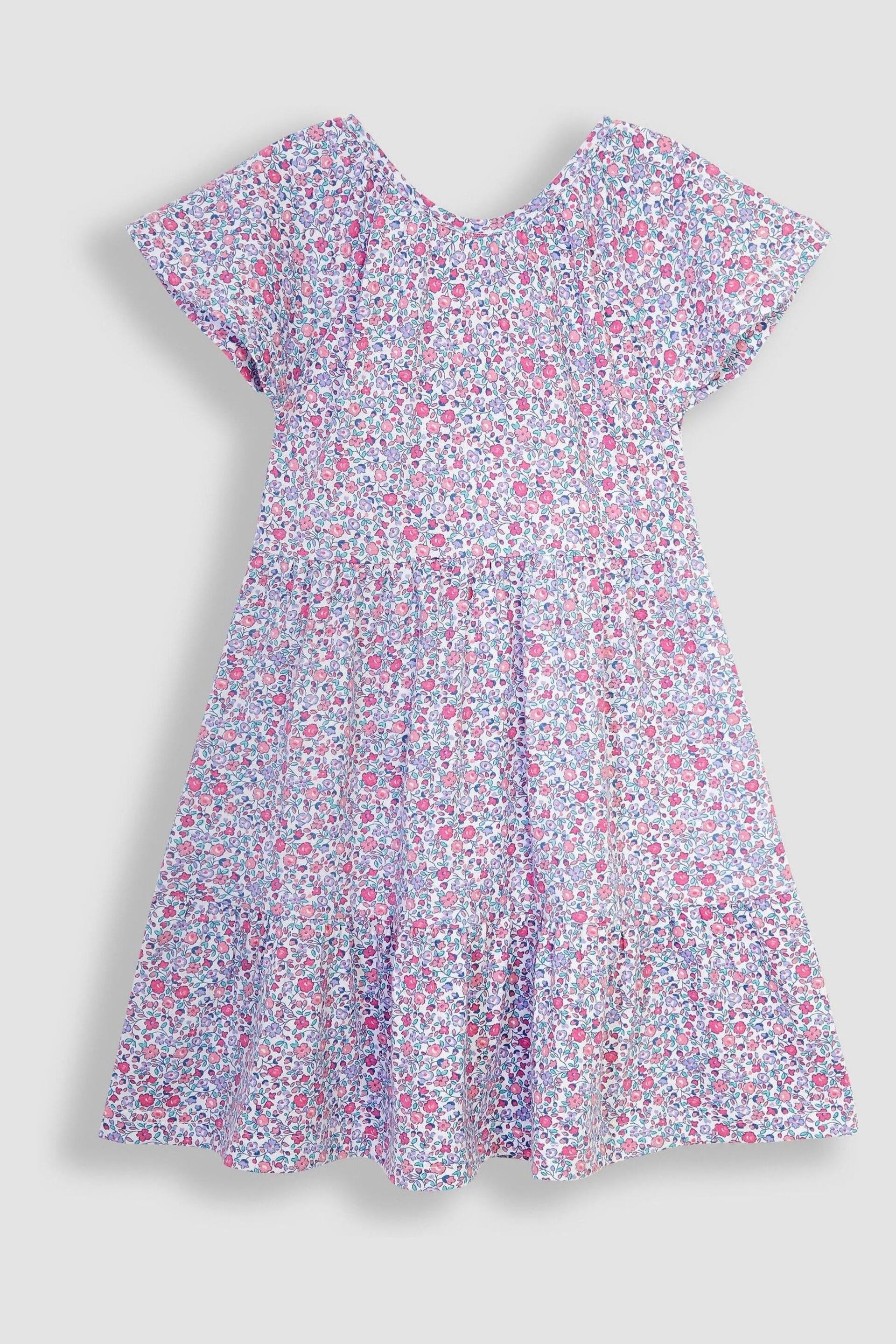 JoJo Maman Bébé Pink Pastel Ditsy Floral Ruffle Sleeve Tiered Jersey Dress - Image 1 of 3