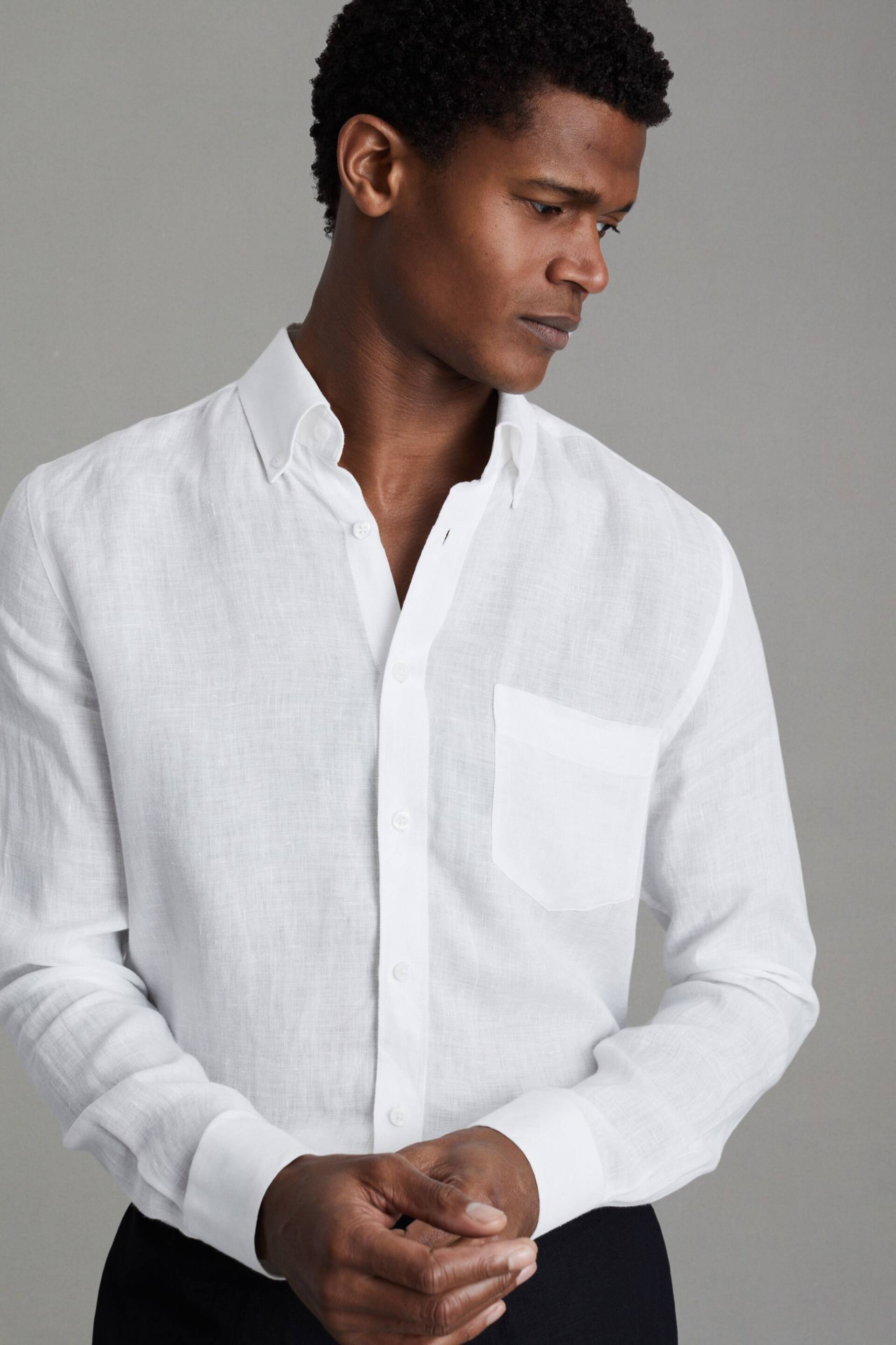 Reiss White Queens Linen Button-Down Collar Shirt - Image 1 of 4