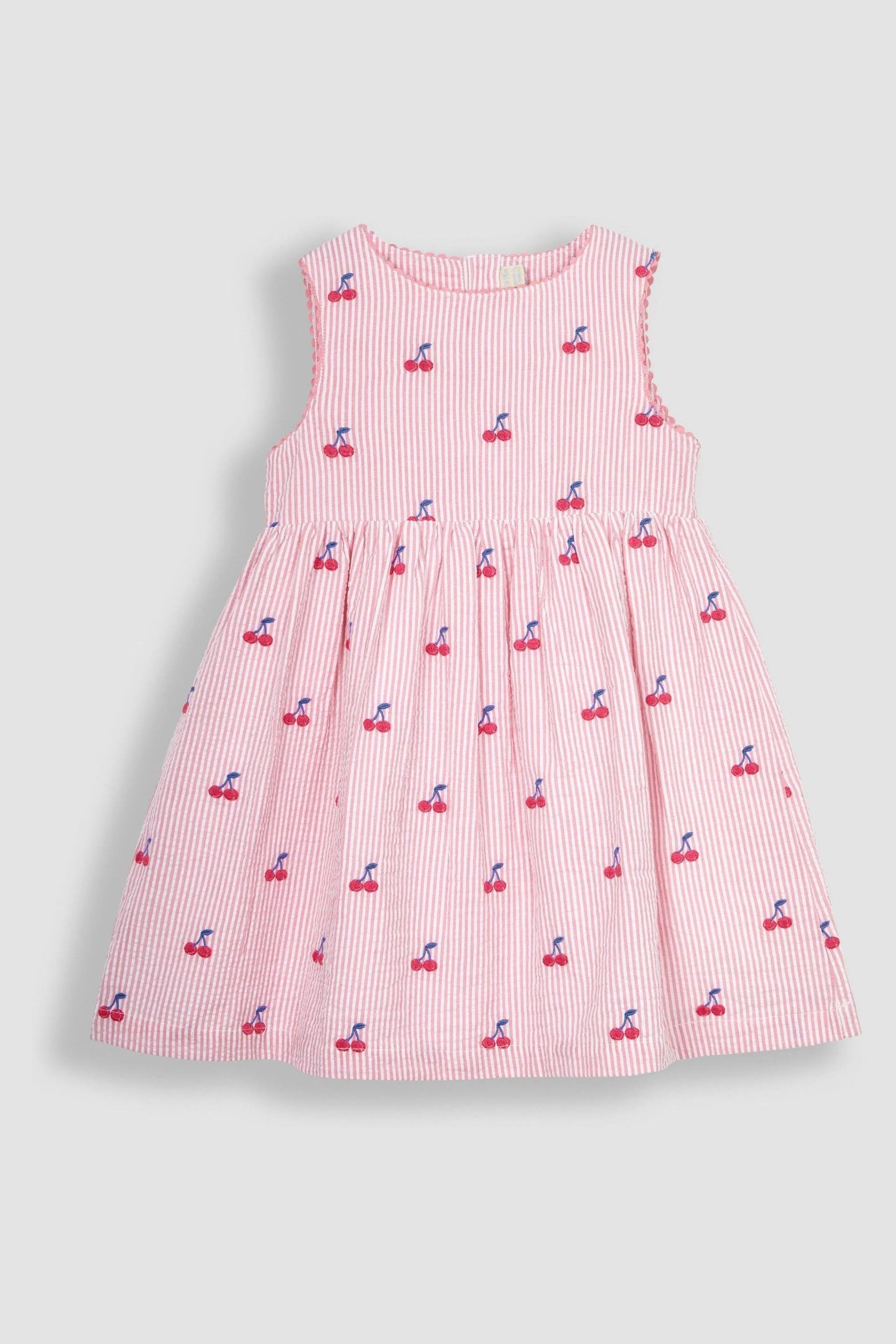 JoJo Maman Bébé Pink Cherry Stripe Embroidered Summer Dress - Image 3 of 5