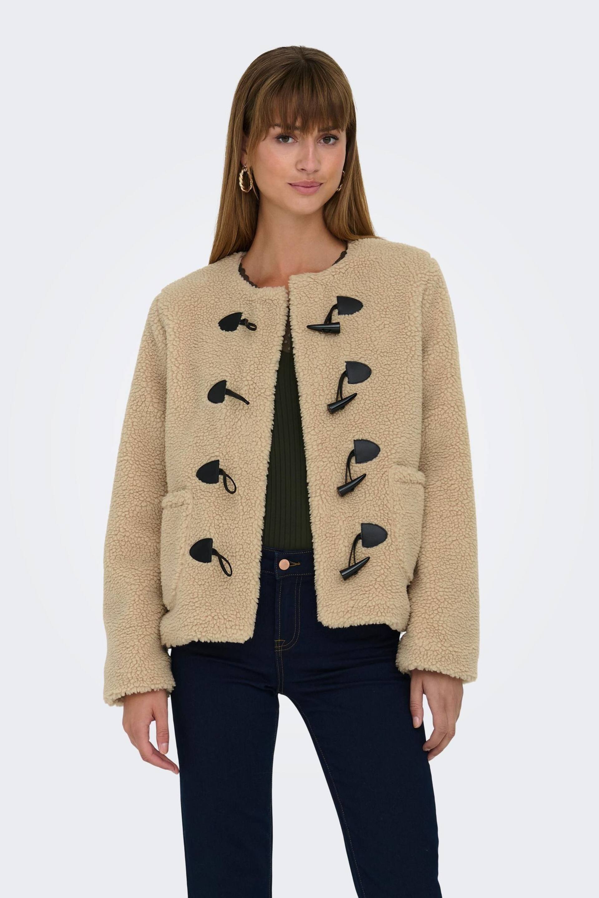 ONLY Cream Collarless Cosy Teddy Borg Coat With Toggle Button - Image 1 of 7